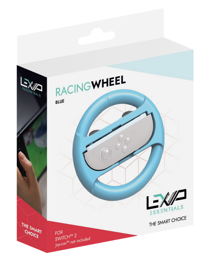 Jasnoniebieska kierownica wyścigowa do Nintendo Switch, w białym pudełku. Na pudełku napis 'RACINGWHEEL' i 'ESSENTIALS'.