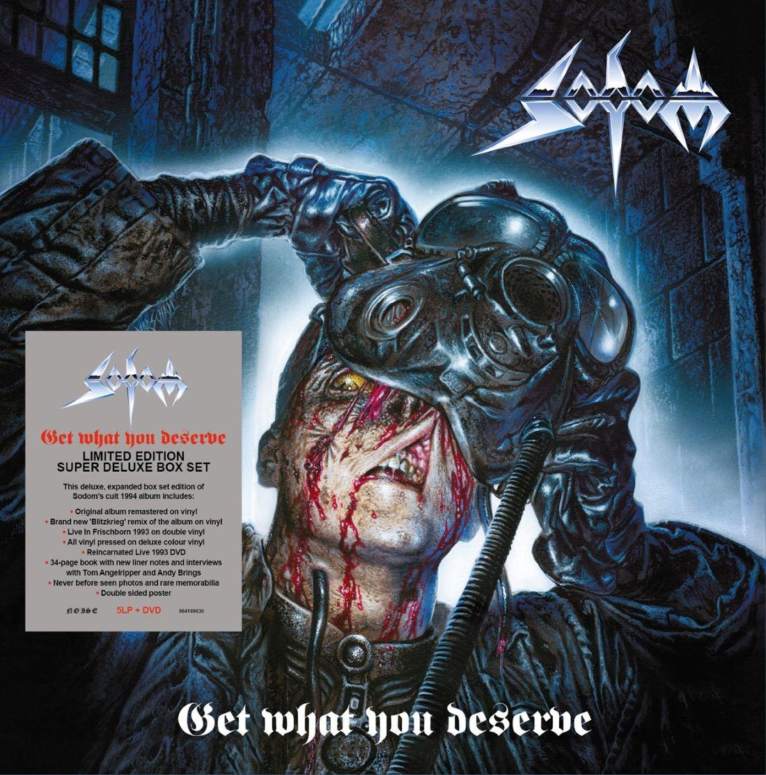 Albumcover. Eine Person mit zerfetztem Gesicht und Gasmaske wird hochgehalten. Blut ist sichtbar. Text: Get what you deserve.