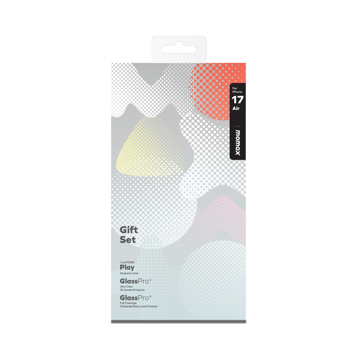 'Gift Set' ve 'Glass Pro+' etiketli, kulplu beyaz bir kutu. Kutu, momax logosuyla birlikte bir iPhone 17 Air içindir.