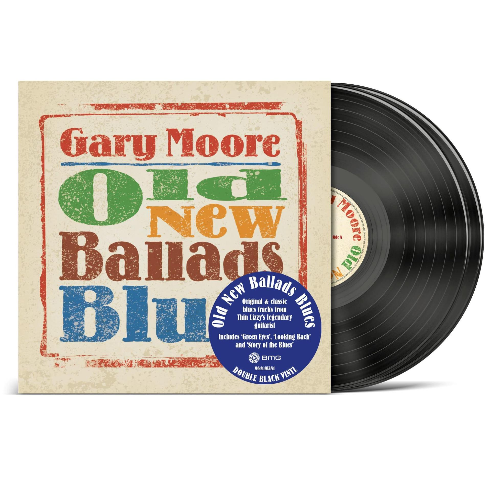 Albumcover für Gary Moores 'Old New Ballads Blues'. Enthält eine Schallplatte und Cover-Art mit Text und Designelementen.