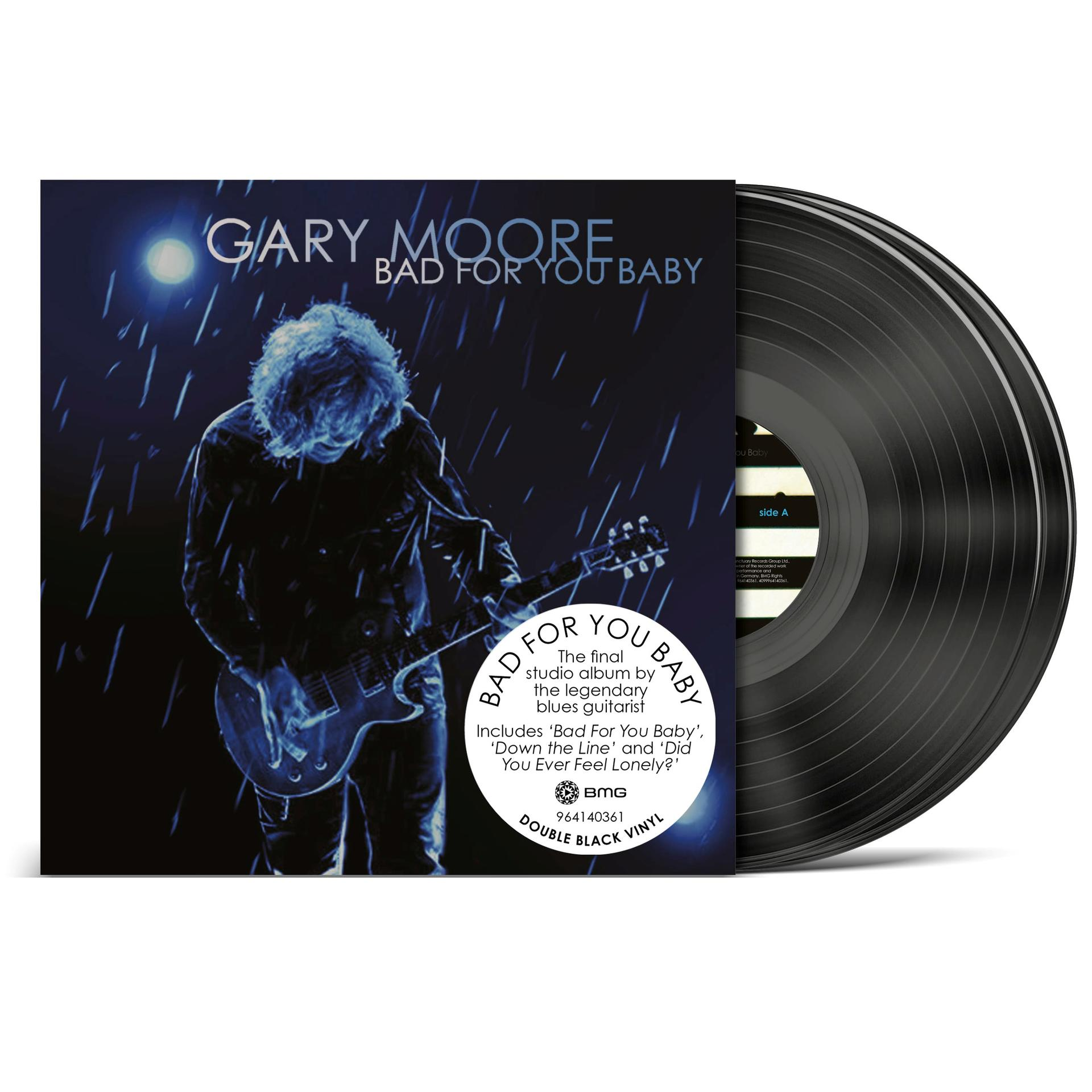 Albumcover von Gary Moores 'Bad For You Baby'. Ein Mann spielt Gitarre im Regen. Vinyl-Schallplatte rechts.