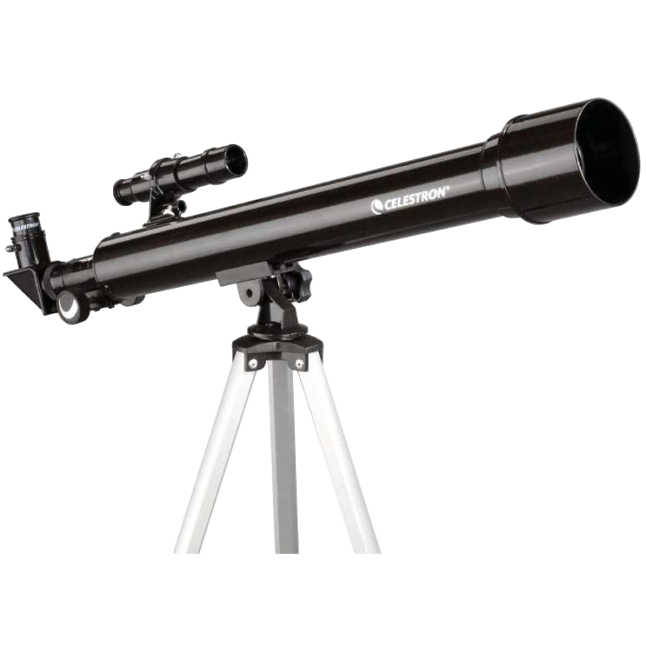 Beyaz ve siyah bir tripoda yerleştirilmiş siyah bir Celestron teleskobu. Teleskobun ek olarak daha küçük bir dürbünü var. Siyah zemin.