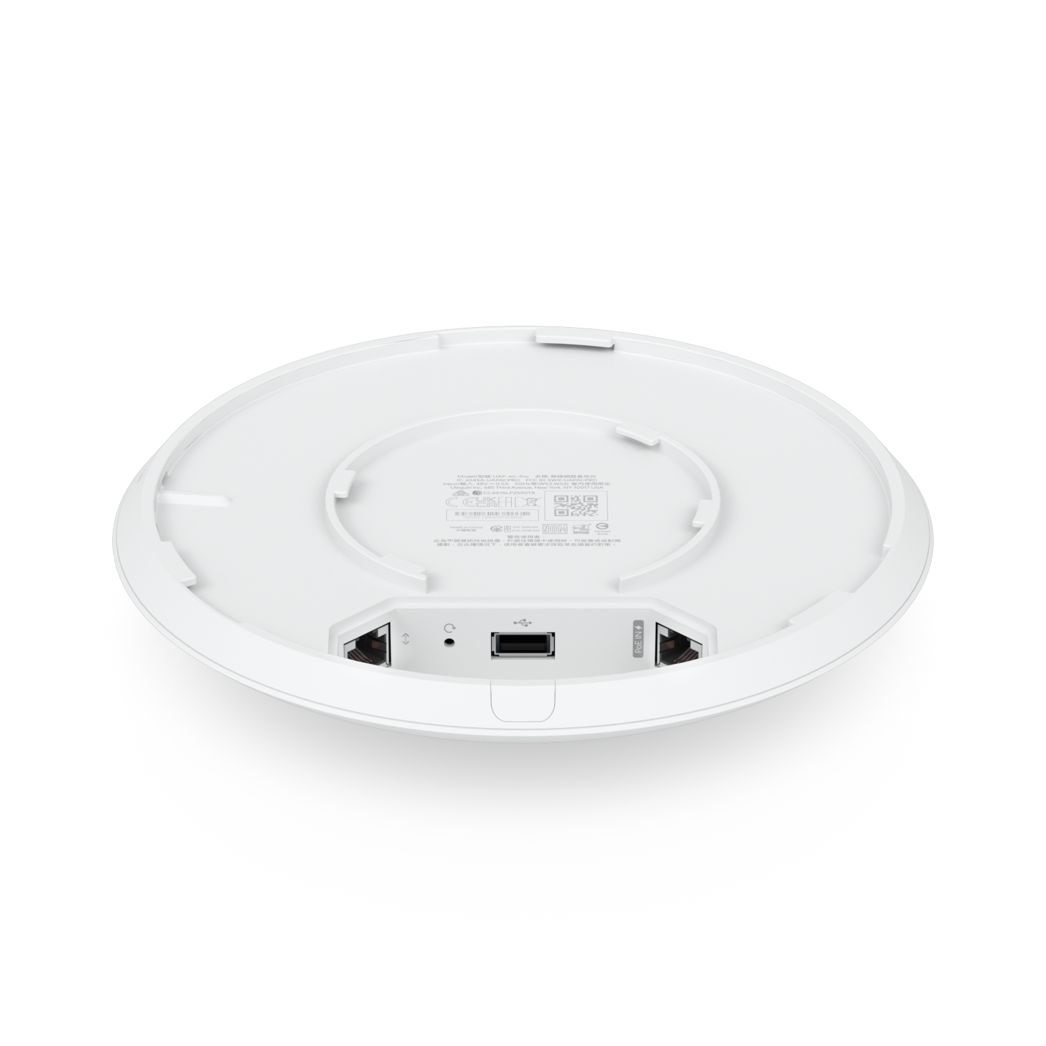 Weißer, kreisförmiger WLAN-Zugangspunkt mit Anschlüssen und Beschriftungen vor schwarzem Hintergrund. Enthält Ethernet, USB und Reset-Taste.