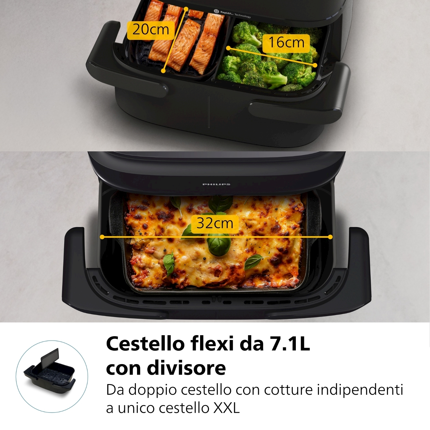 Una friggitrice ad aria con cibo dentro, tra cui salmone e broccoli. Vengono visualizzate le misure. Testo: 'cestello flexi con divisore'.