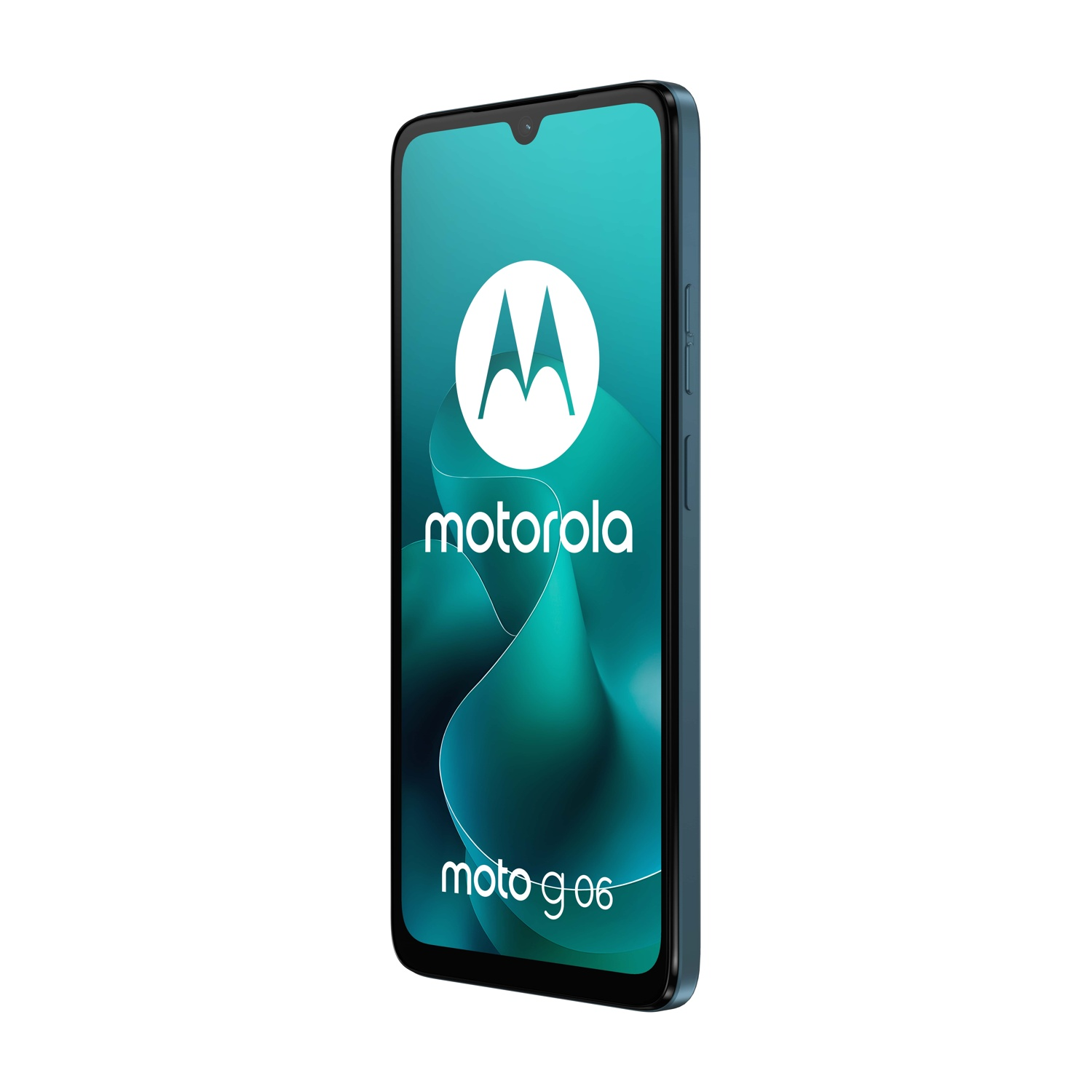 Uno smartphone blu Motorola Moto g06. Lo schermo mostra il logo Motorola su sfondo verde acqua.