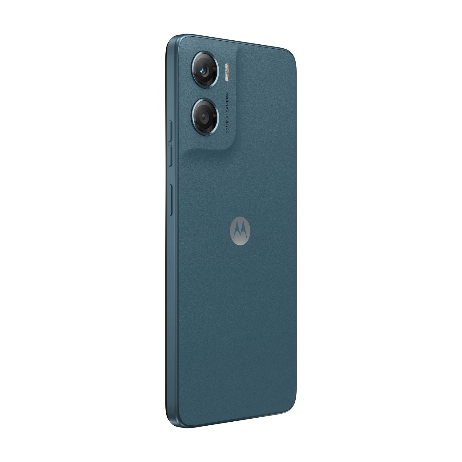È mostrato uno smartphone Motorola turchese, leggermente angolato. Ha doppie fotocamere e il logo Motorola. Lo sfondo è bianco.