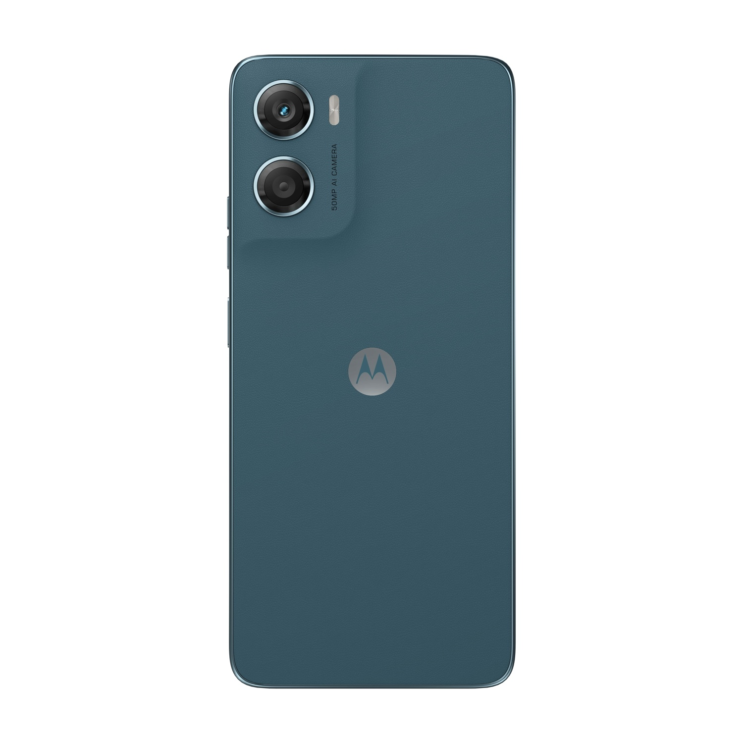 Retro di smartphone verde acqua con doppia fotocamera, logo Motorola ed etichetta fotocamera AI 50MP.