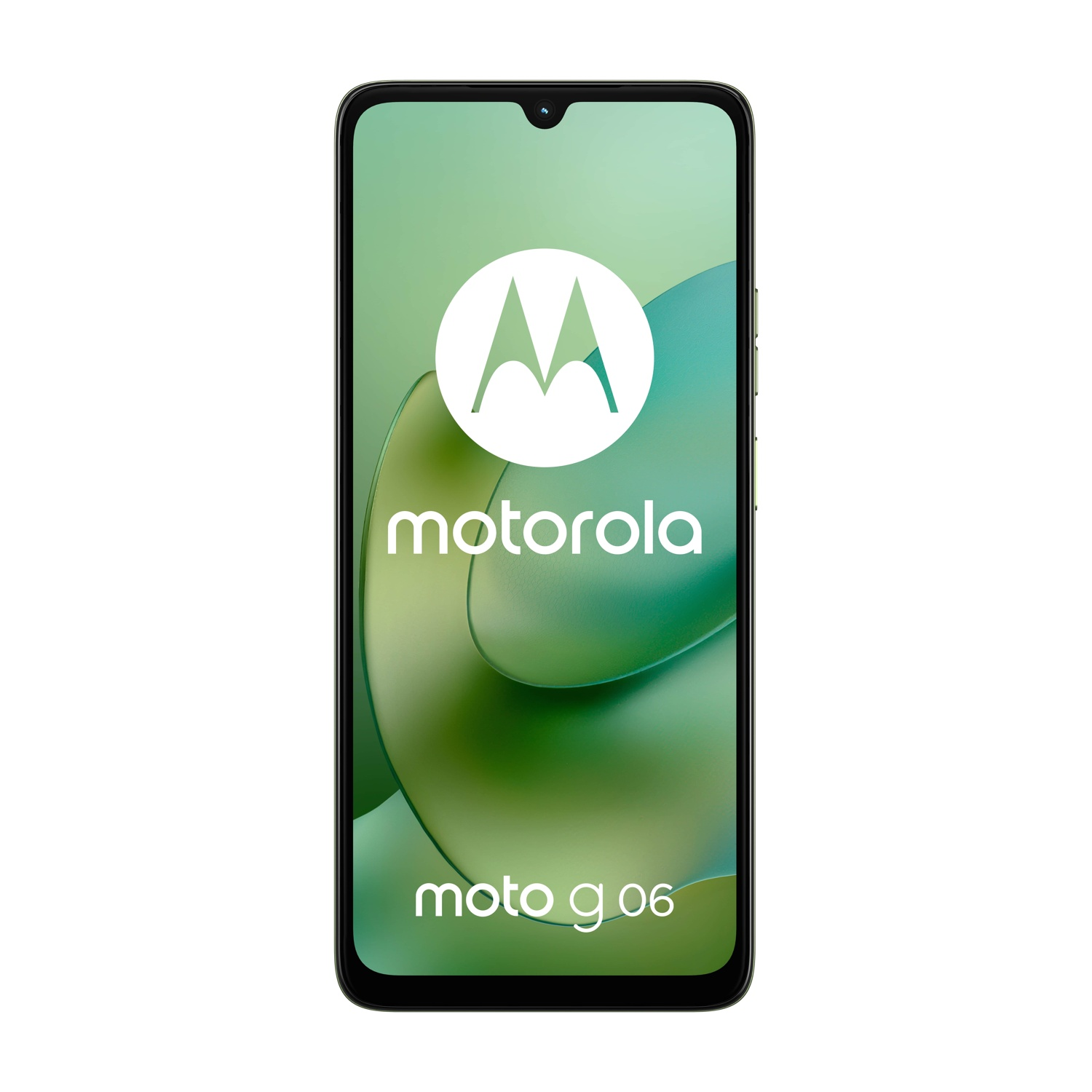 Uno smartphone Motorola Moto g06. Lo schermo mostra il logo Motorola e uno sfondo sfumato verde. Il telefono è nero.