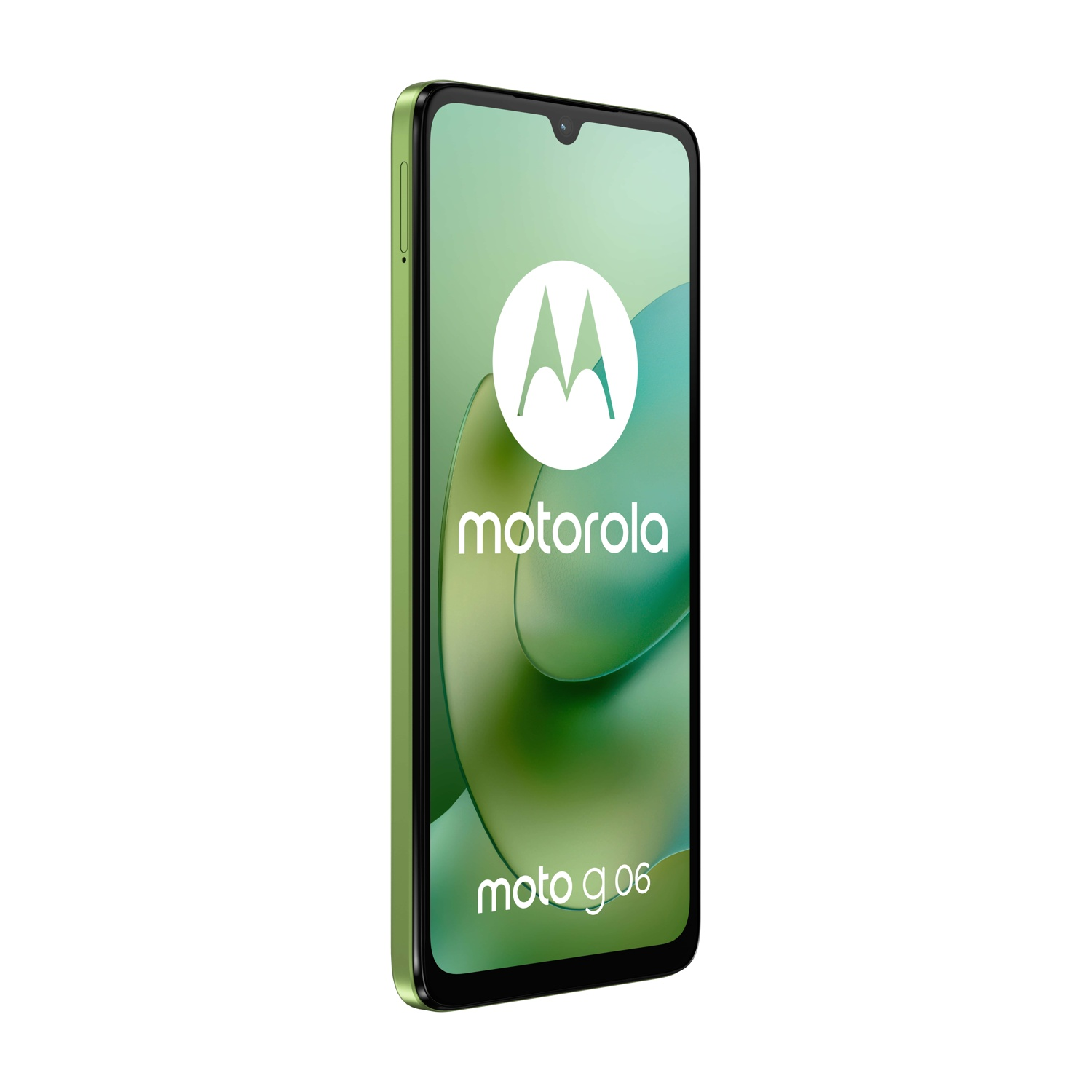 Uno smartphone Motorola Moto G06 verde. Lo schermo mostra il logo Motorola e il modello del telefono. Sfondo bianco.