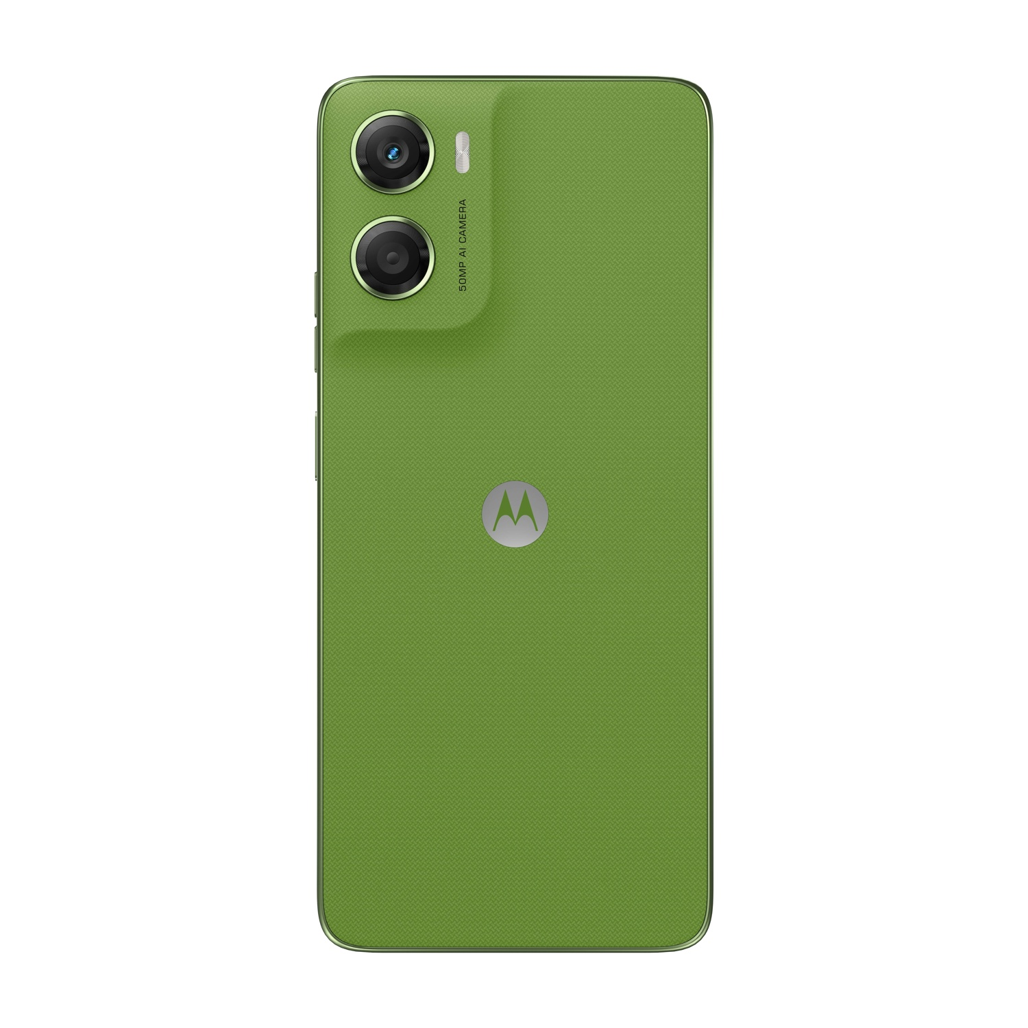 Retro del telefono Motorola verde. Doppia fotocamera in alto a sinistra. Logo Motorola in basso. Il telefono ha una superficie strutturata.