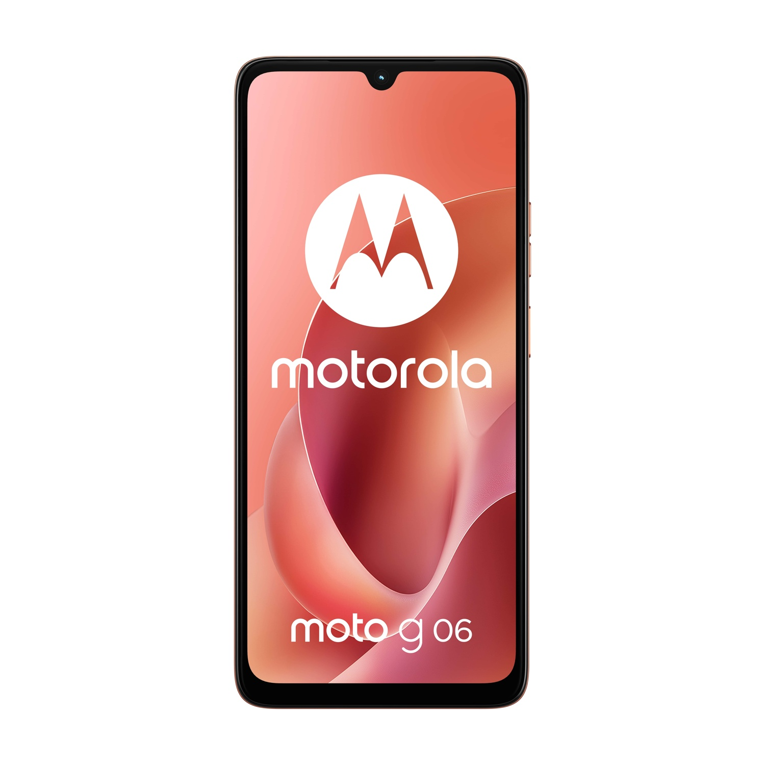 Uno smartphone Motorola Moto g06. Lo schermo mostra il logo Motorola, con un design rosso e bianco e il nome Moto g06.