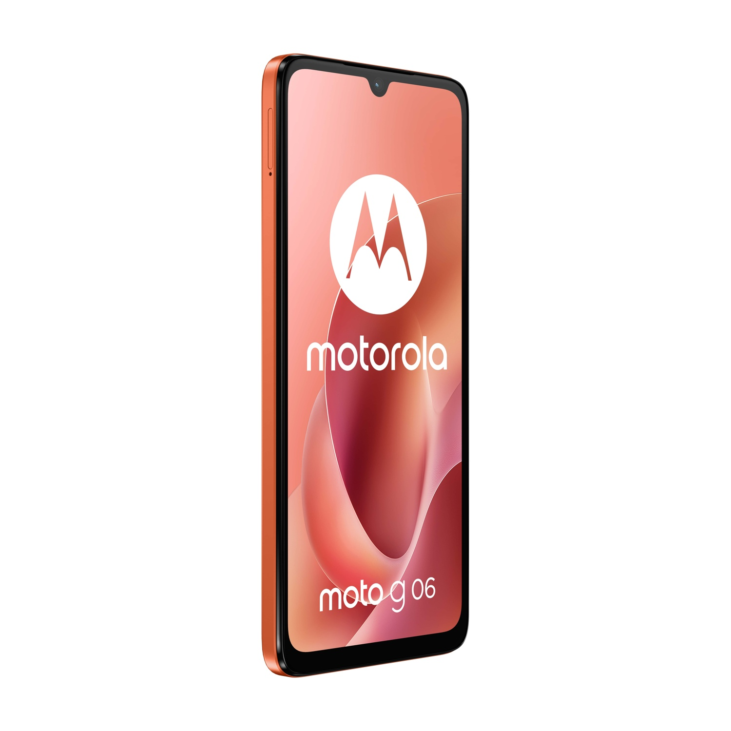 Uno smartphone Motorola Moto G06 arancione su sfondo bianco. Lo schermo mostra il logo Motorola e il modello del telefono.