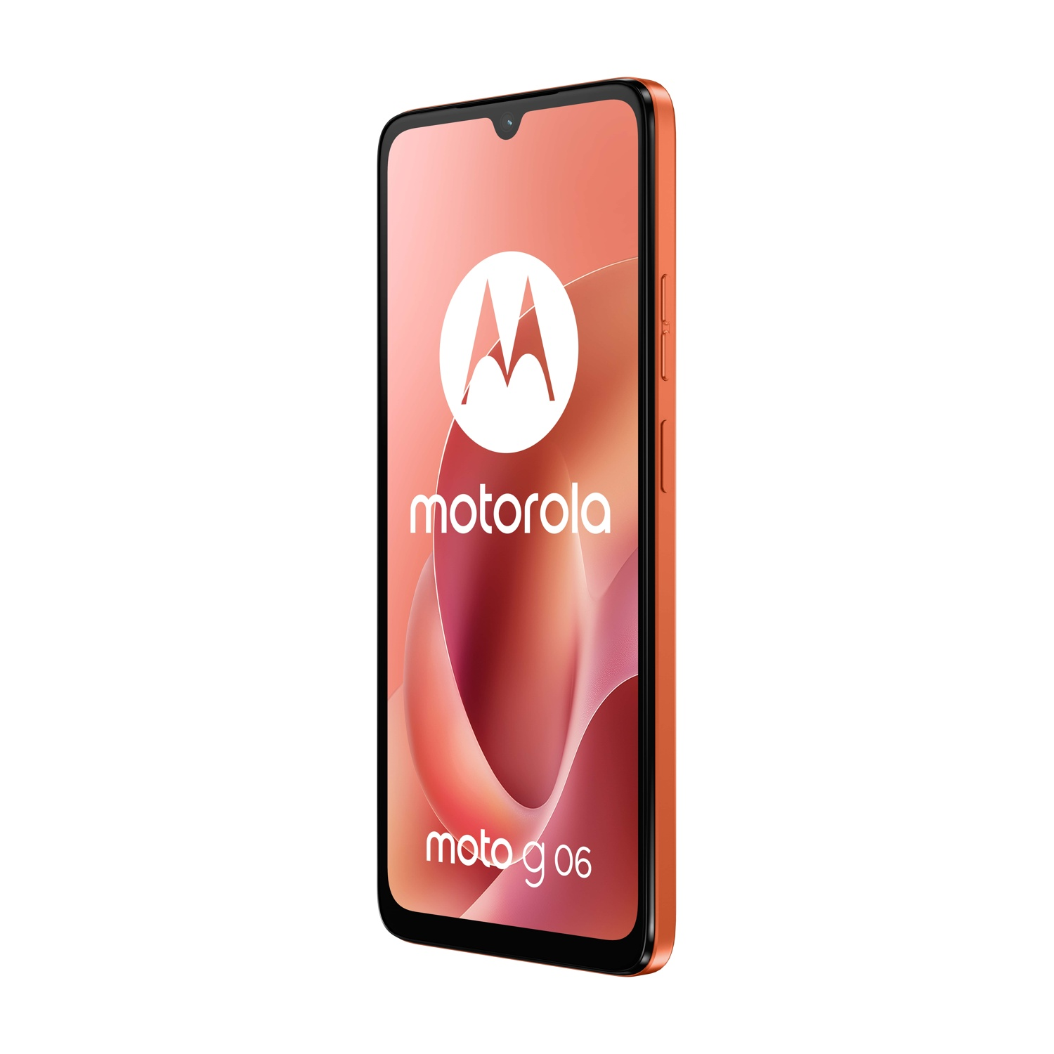 Un telefono Motorola Moto g06 arancione. Lo schermo mostra il logo Motorola e il nome del telefono. Il telefono è su sfondo bianco.
