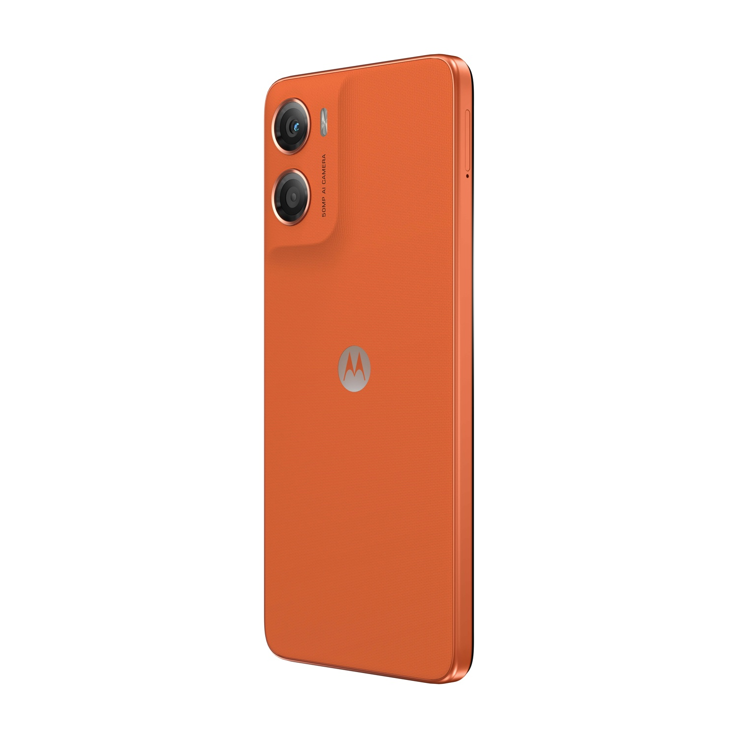 Uno smartphone arancione con doppie lenti della fotocamera è angolato verso lo spettatore. Il logo Motorola è visibile. Lo sfondo è bianco.