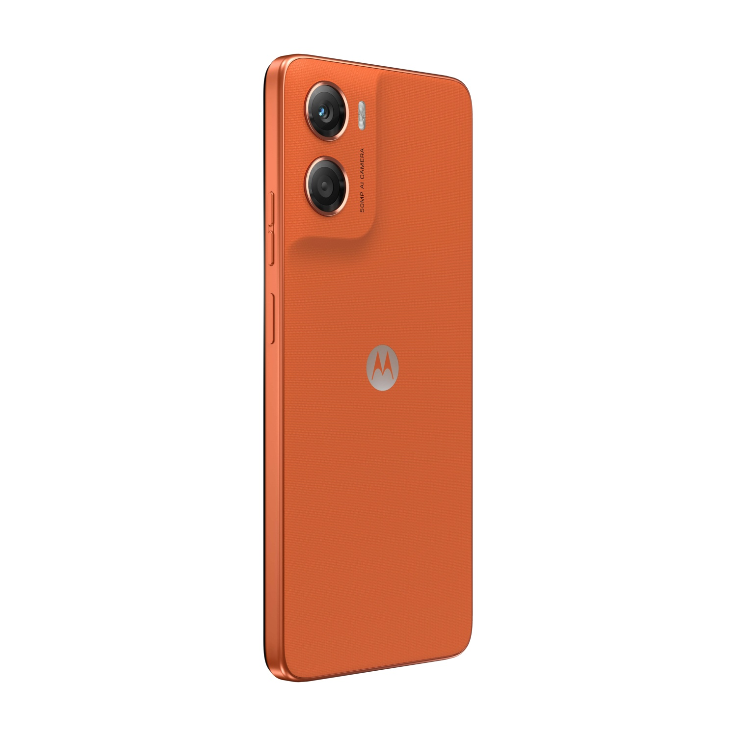 Uno smartphone Motorola arancione è leggermente inclinato di lato. Ha due obiettivi, un logo Motorola e una parte posteriore strutturata.