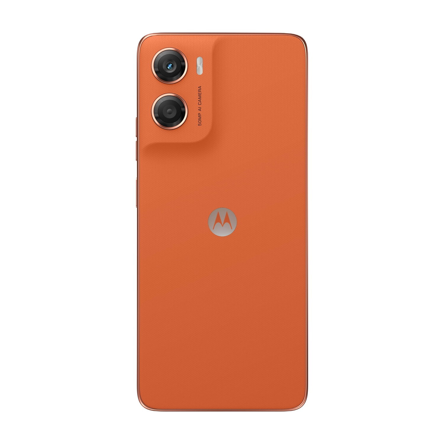 Uno smartphone arancione con doppia fotocamera, logo Motorola e retro strutturato. La fotocamera è etichettata 50MP AI CAMERA.