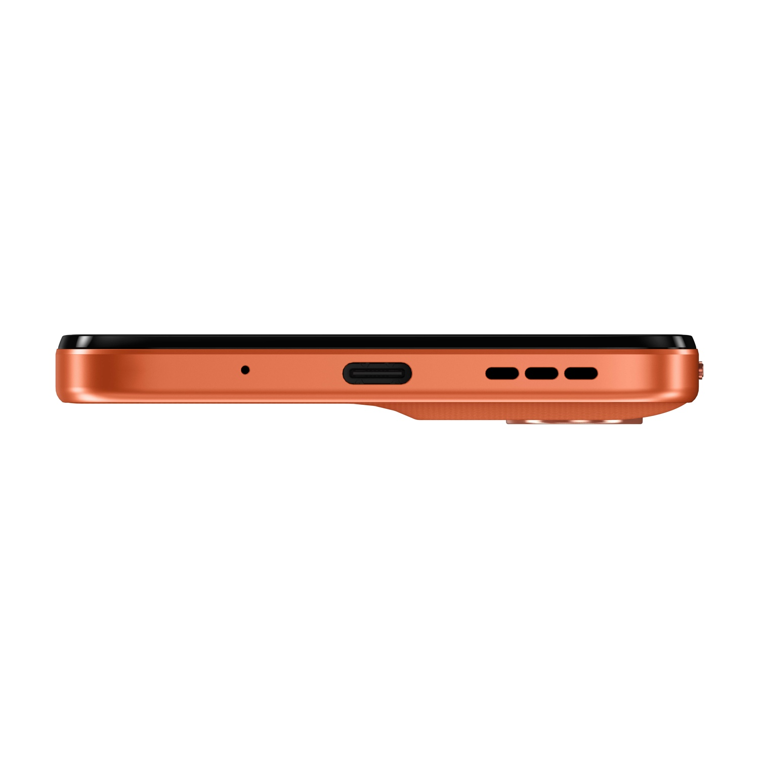 Vista laterale di uno smartphone arancione con dettagli neri. Include porta USB-C, fori per altoparlanti e microfono.