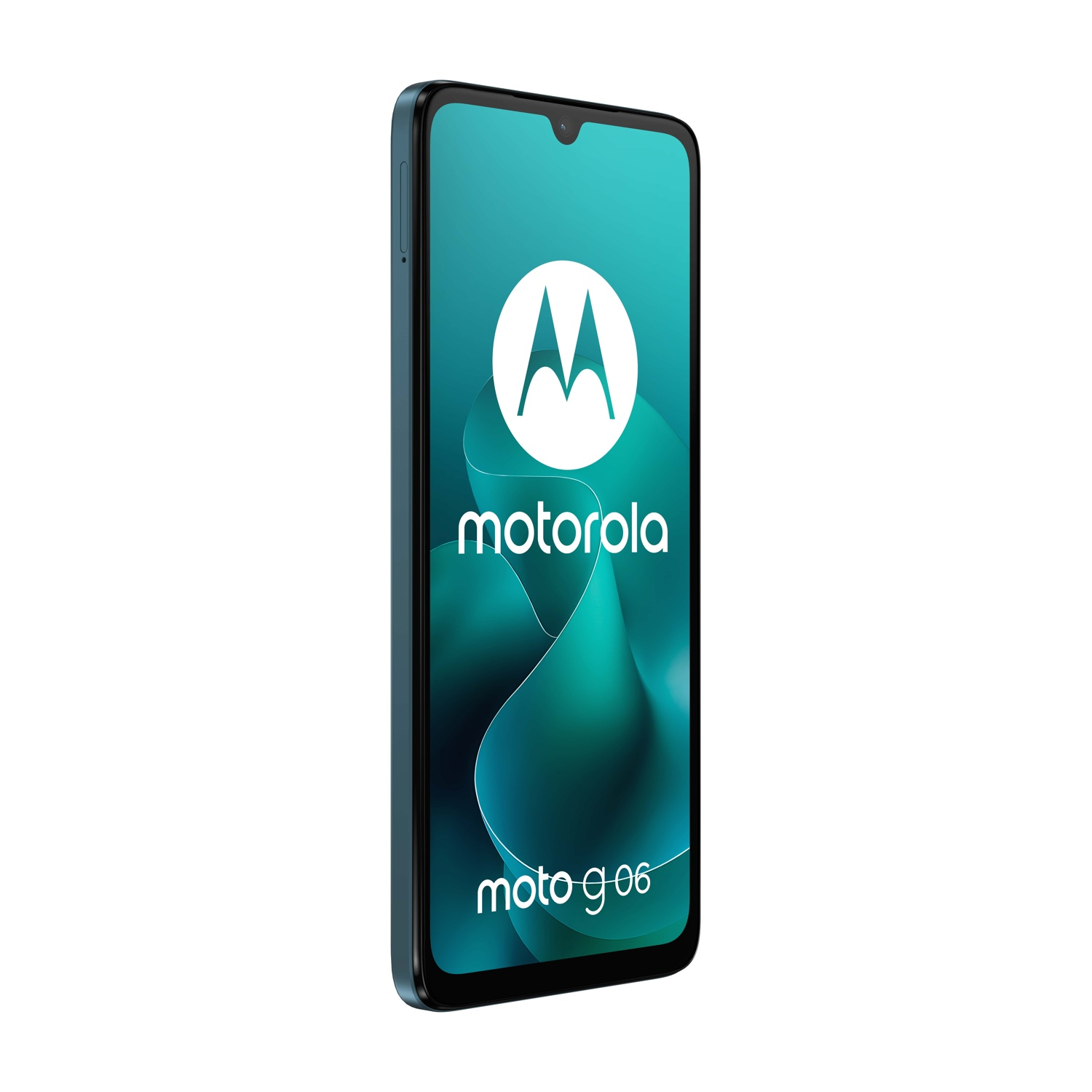 Uno smartphone con schermo verde acqua che mostra il logo Motorola e 'moto g06'. Il telefono è blu e leggermente angolato a destra.