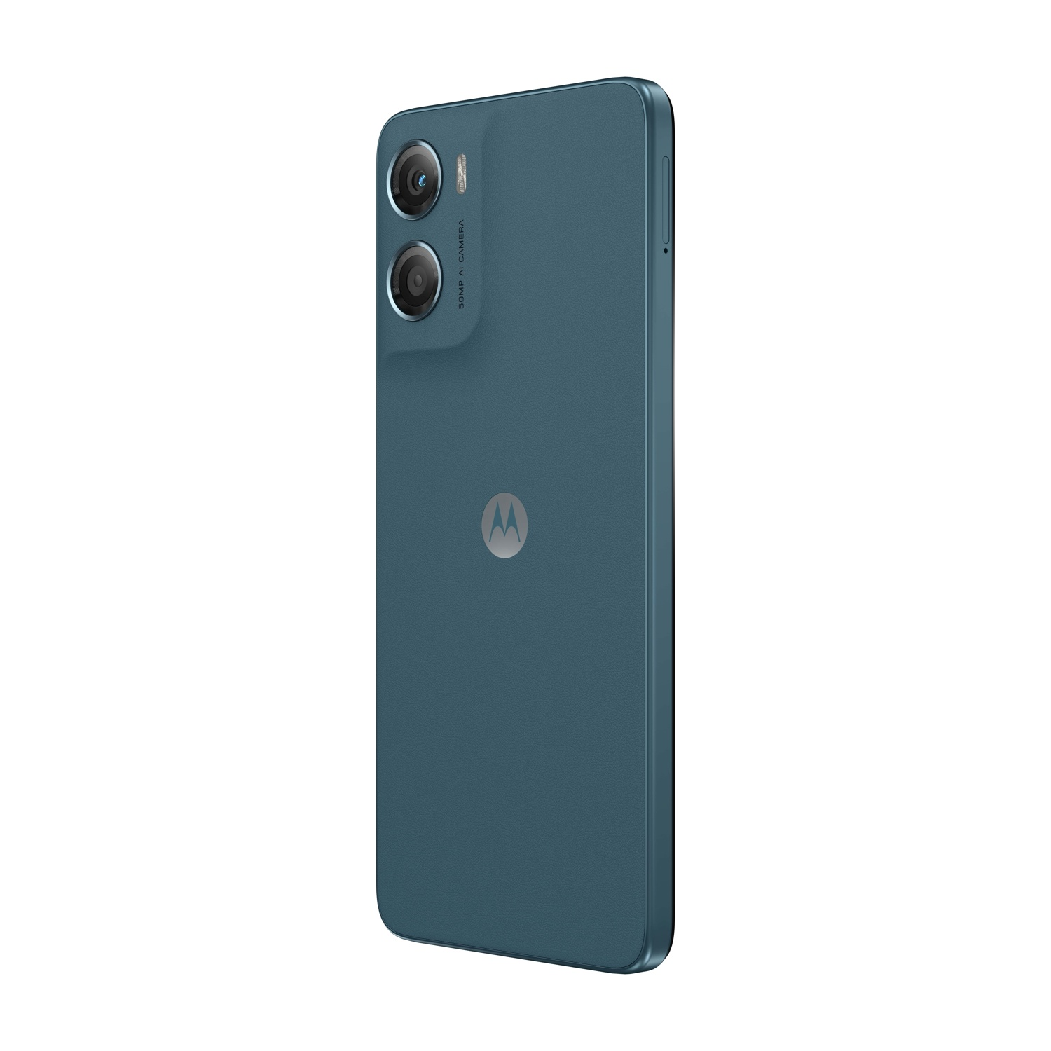 Uno smartphone turchese, con doppia fotocamera e logo Motorola. Il telefono è angolato, mostrando il retro con la fotocamera.