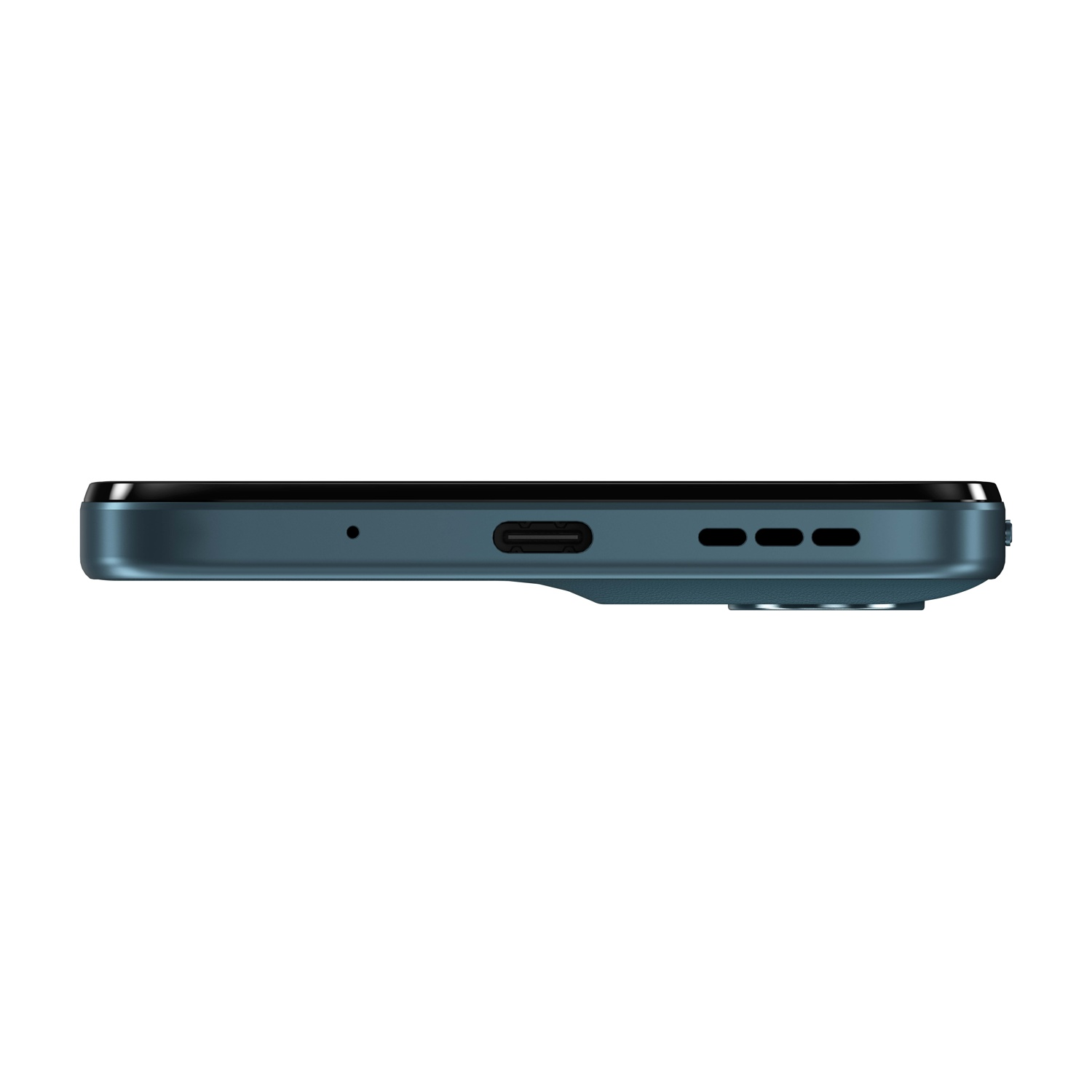 Vista laterale di uno smartphone verde acqua con porta USB-C, microfono e altoparlanti su sfondo bianco.