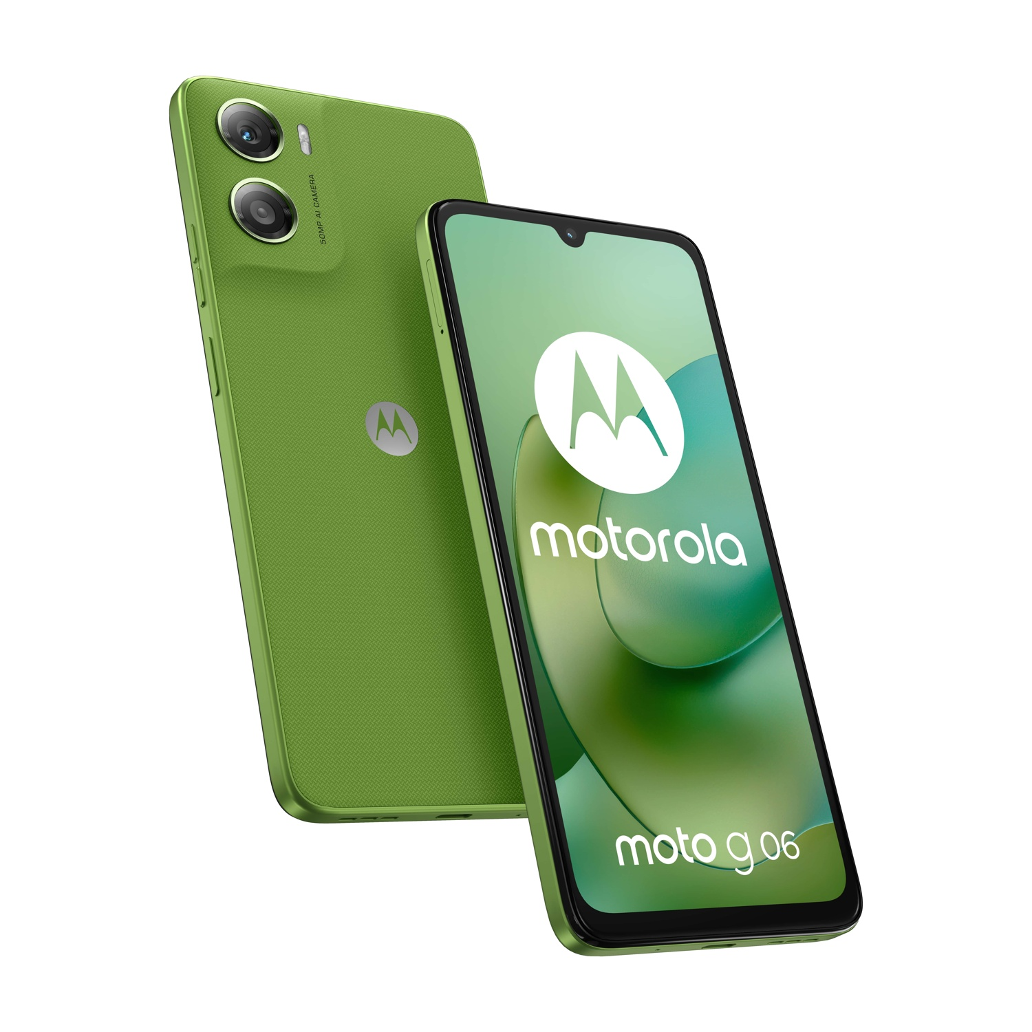 Due telefoni verdi Motorola Moto g06. Uno angolato con schermo che mostra logo e testo, l'altro con fotocamera. Entrambi verdi.