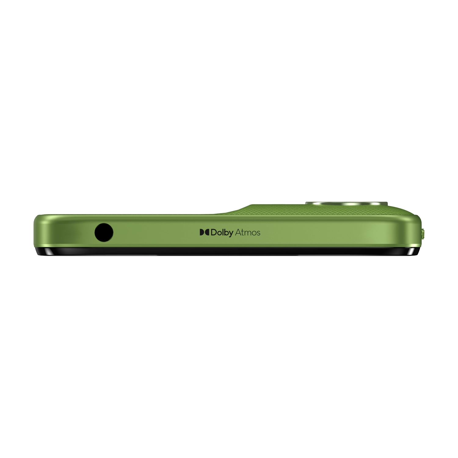 Vista laterale di un dispositivo verde. Ha un jack audio nero, il logo Dolby Atmos e una parte superiore strutturata. Lo sfondo è bianco.