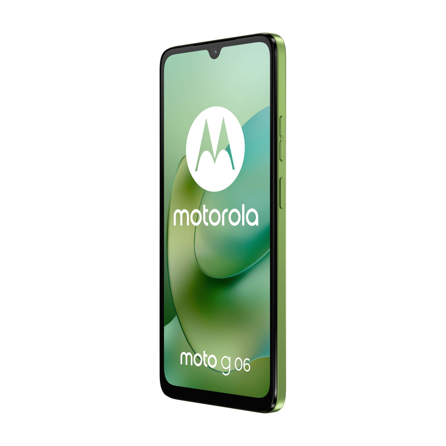 Uno smartphone Motorola Moto g06 verde. Lo schermo mostra un logo e uno sfondo verde curvo. Il telefono è su sfondo bianco.