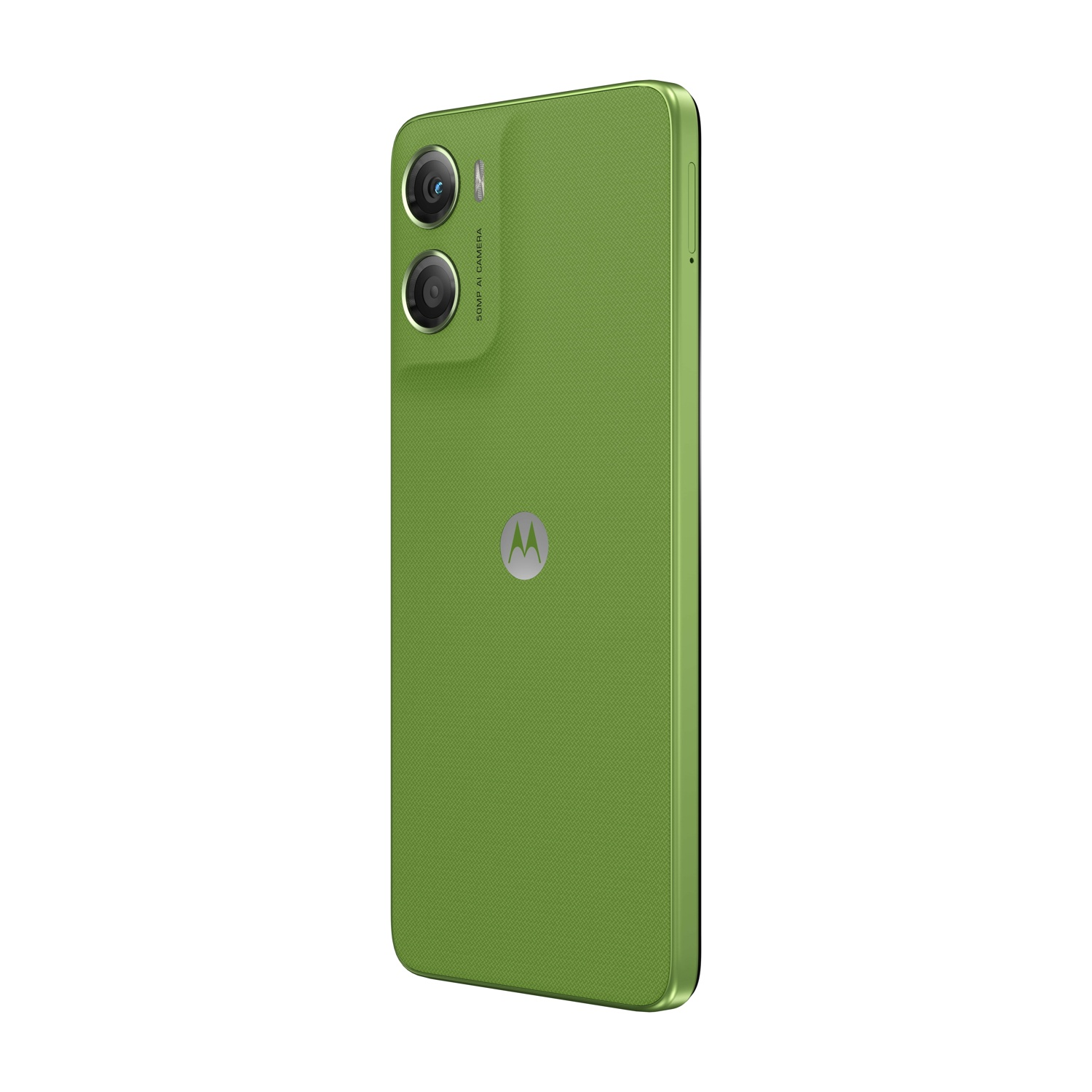 Uno smartphone verde con doppia fotocamera e logo Motorola. Il telefono è in posizione verticale, mostrando il retro con una finitura strutturata.