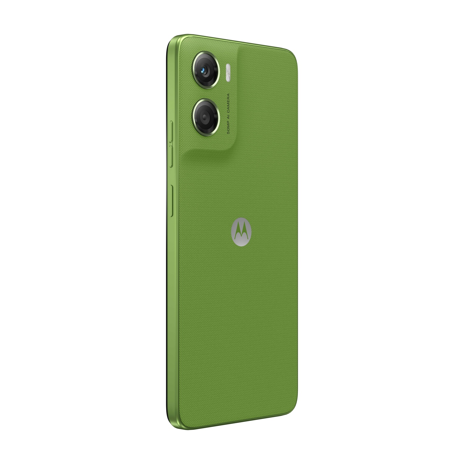 Uno smartphone Motorola verde inclinato a destra, con due fotocamere in alto. Il logo Motorola è centrato in basso.