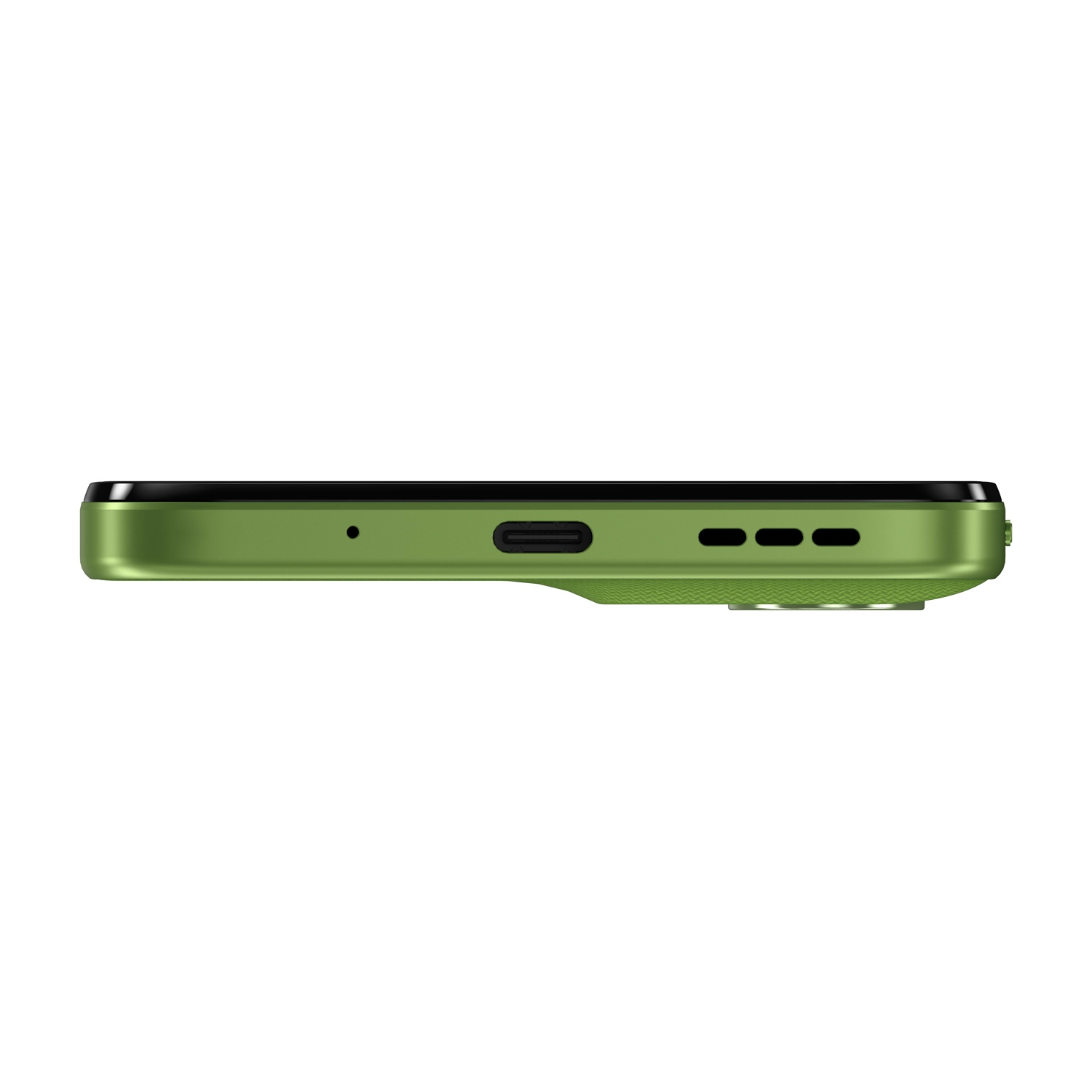 Vista laterale di uno smartphone verde. Presenta una porta di ricarica, microfono e altoparlanti. Il telefono è su sfondo bianco.