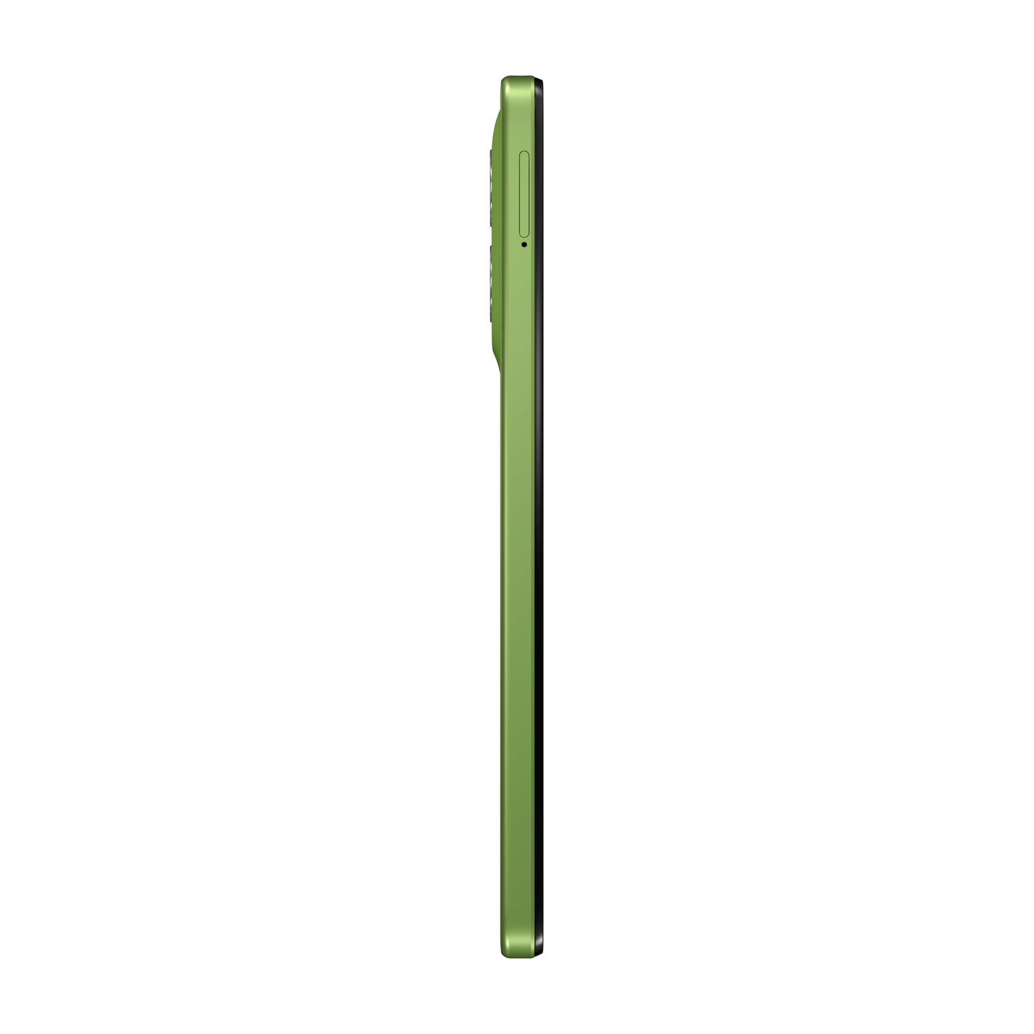 Vista laterale di uno smartphone verde. Il telefono è verticale, mostrando il lato con pulsanti e slot SIM. Lo sfondo è bianco.