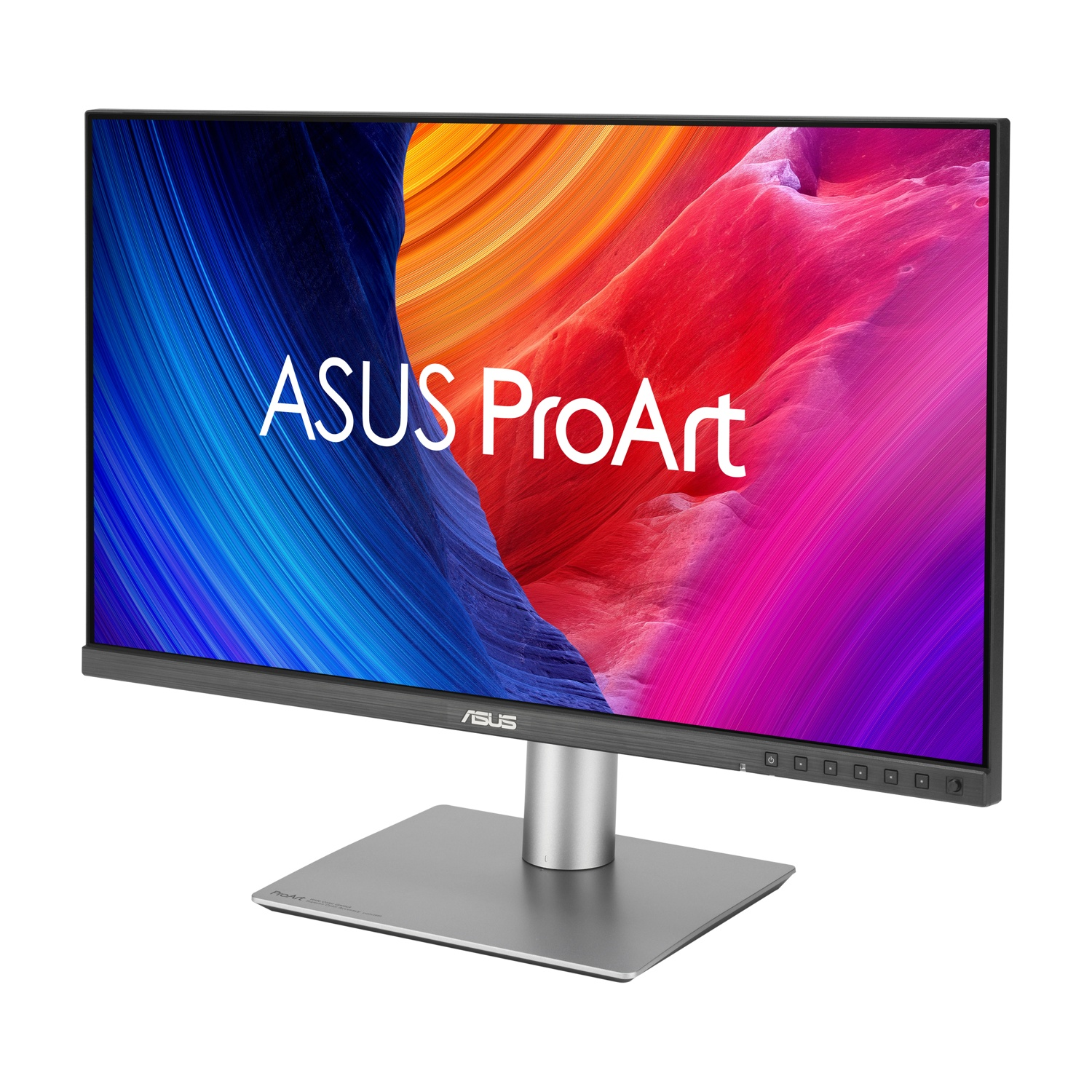 Un monitor ASUS ProArt mostra un'immagine astratta colorata. Il monitor è argentato con una base quadrata e il logo ASUS è visibile.
