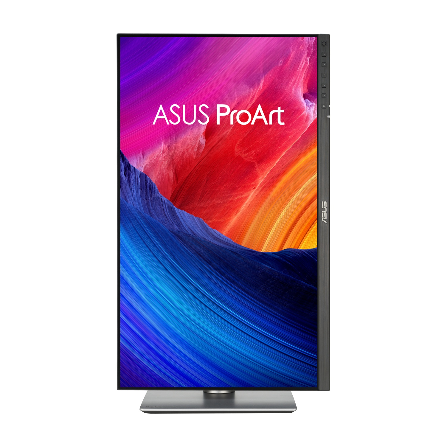 Monitor ASUS ProArt. Lo schermo mostra arte astratta colorata. Il monitor è su una base argentata. Logo ASUS sul lato.