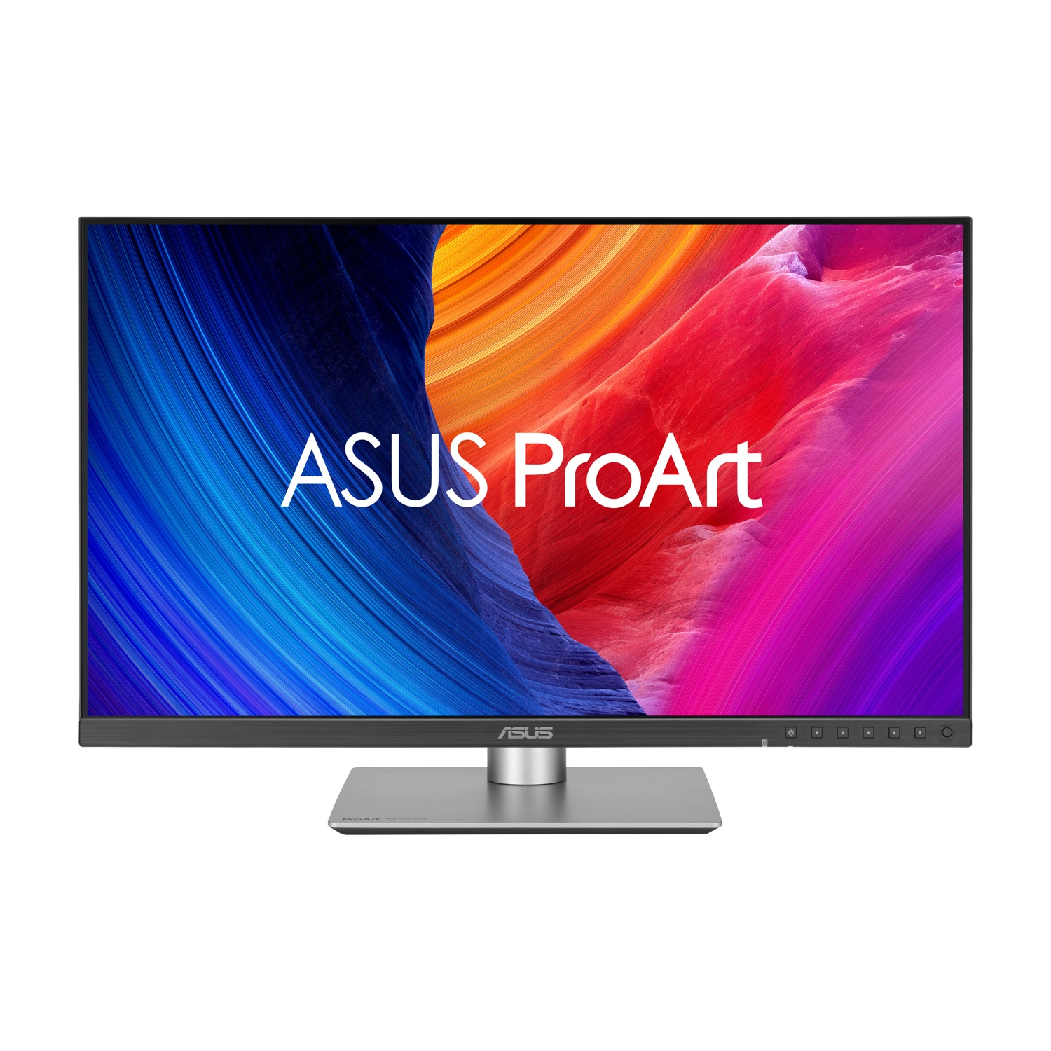 Monitor ASUS ProArt. Lo schermo mostra vortici colorati di blu, rosso e viola. Ha un supporto argentato e una cornice nera.