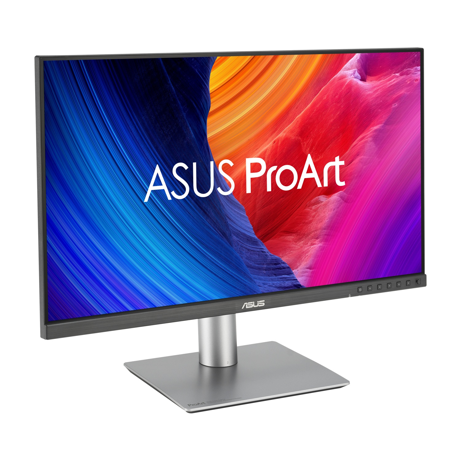 Un monitor ASUS ProArt mostra uno sfondo astratto colorato. Il monitor è argentato con una base quadrata e il logo ASUS è visibile.