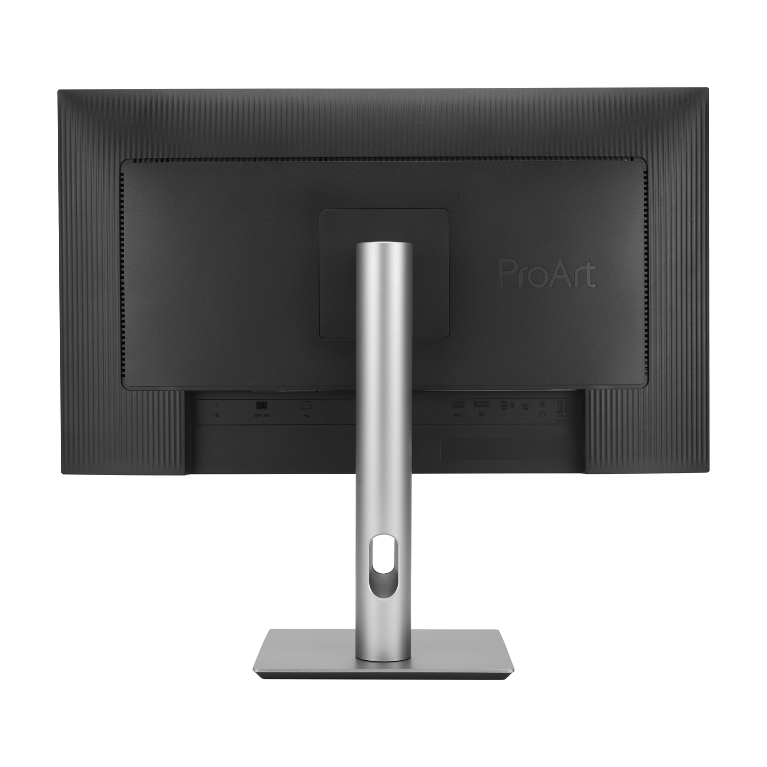 Il retro di un monitor nero con supporto argentato. Il monitor ha un logo ProArt. Sono visibili porte e connessioni.