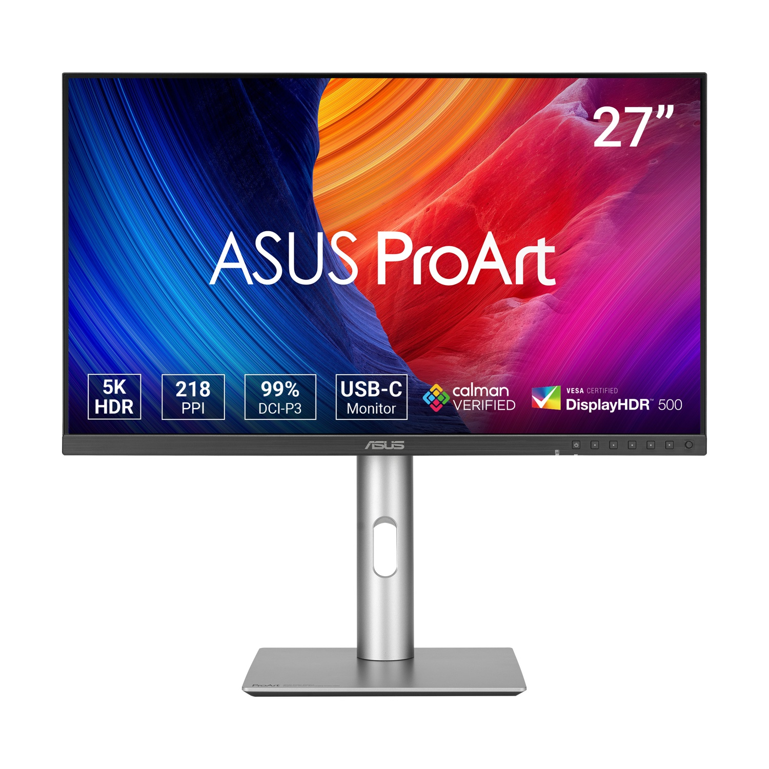 Monitor ASUS ProArt 27". Il display mostra arte astratta con sfumature blu e rosse. Supporto argento. 5K HDR, USB-C e altre funzionalità.