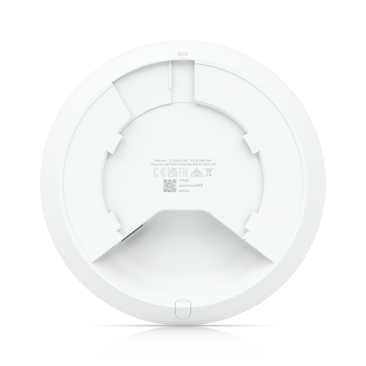 Ein weißes, kreisförmiges Gerät, wahrscheinlich ein Netzwerk-Access-Point, mit Markierungen und Text. Der Hintergrund ist schwarz.