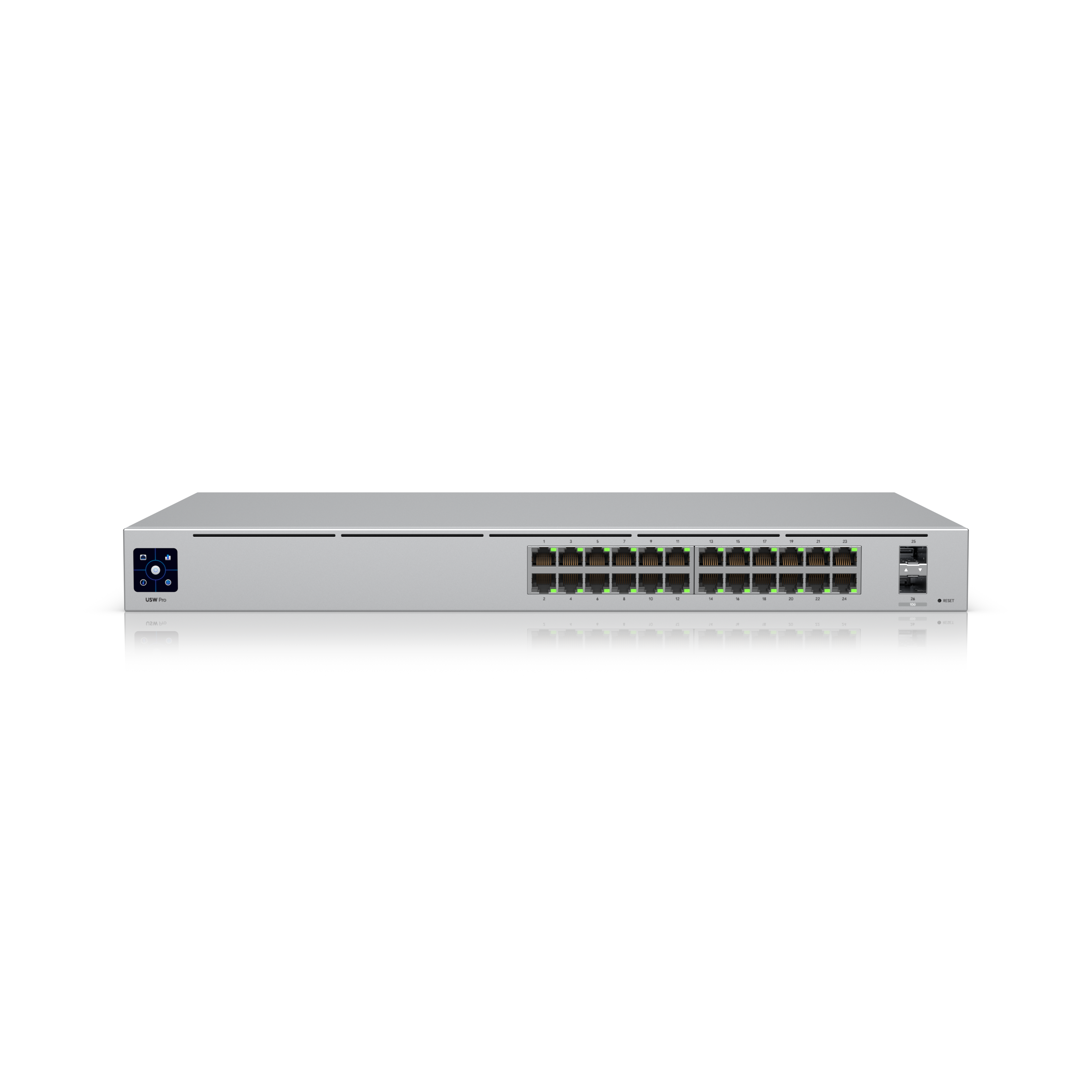 Ein silberner Netzwerk-Switch mit mehreren Anschlüssen und grünen Kontrollleuchten vor schwarzem Hintergrund.