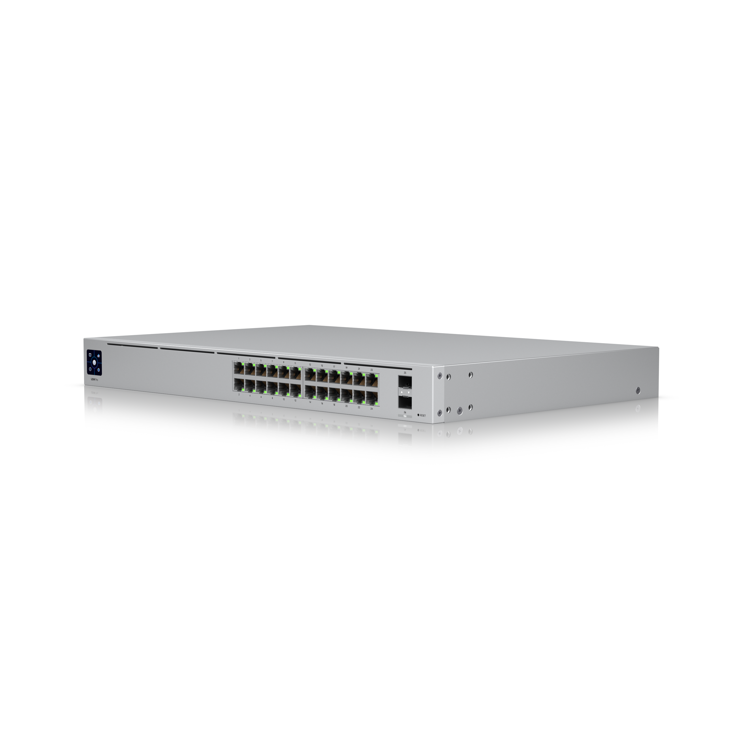 Ein silberner Netzwerk-Switch mit vielen Ports, Lichtern und Knöpfen. Er liegt auf einer schwarzen Oberfläche.