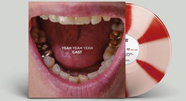 Albumcover mit offenem Mund mit Zähnen und einer rot-weißen Schallplatte. Auf dem Cover steht 'Yeah Yeah Yeah Cast'.