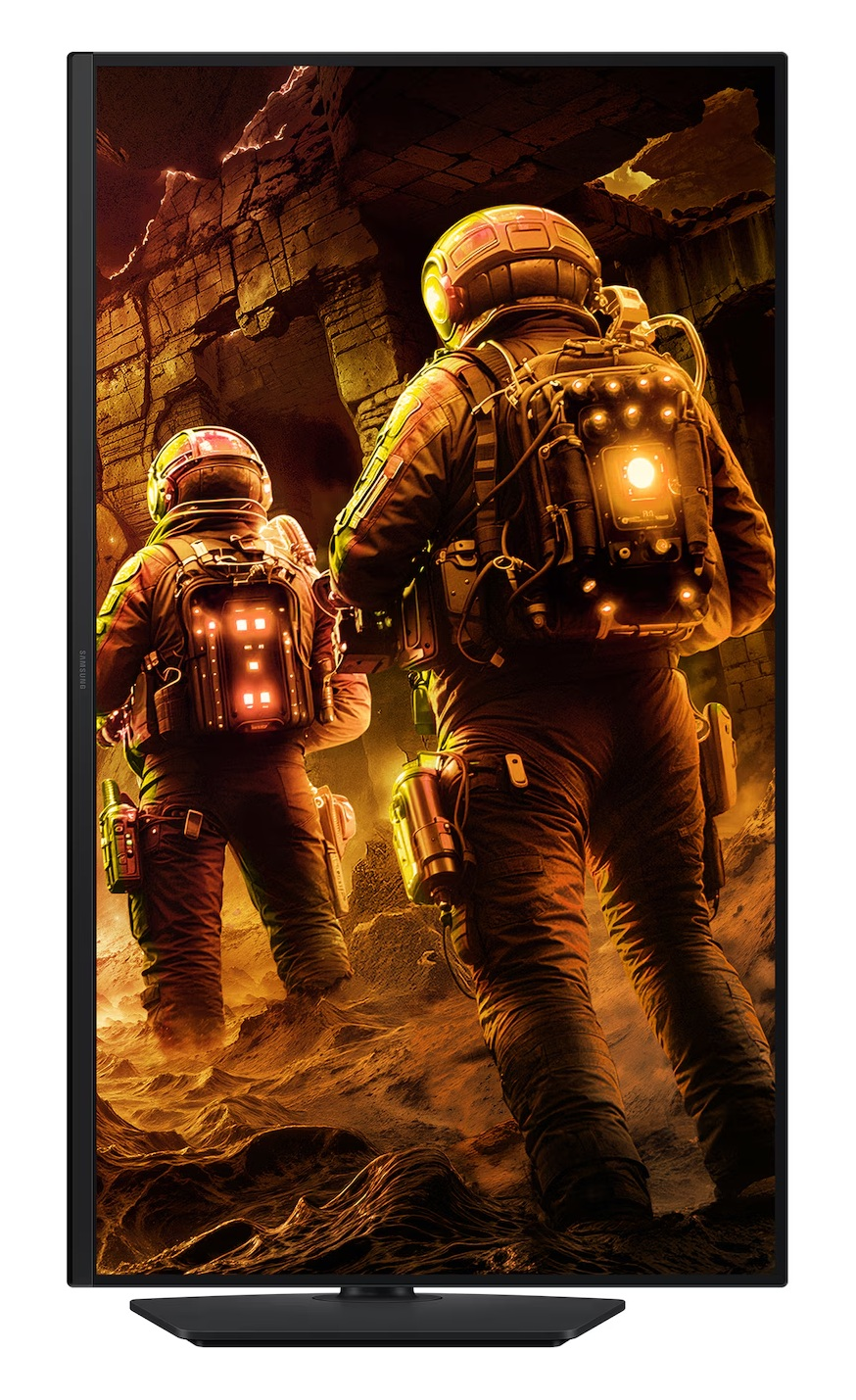 Dwóch astronautów z świecącymi plecakami bada skaliste, pomarańczowo oświetlone środowisko. Noszą hełmy i ciemne kombinezony.