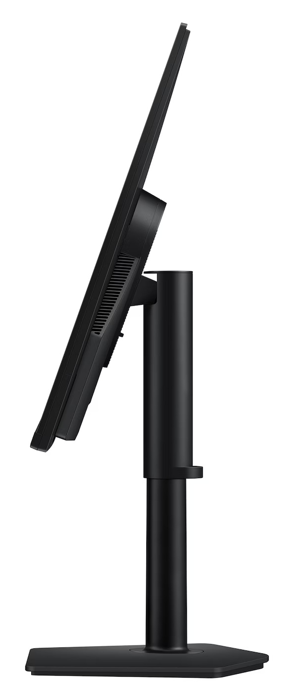 Widok z boku czarnego monitora komputera. Ekran jest pochylony. Ma czarną podstawę i prostokątną podstawę.