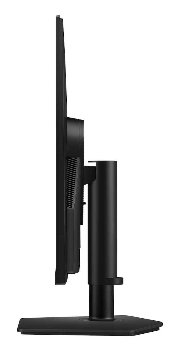 Widok z boku czarnego monitora komputera. Ma podstawę i podstawę. Ekran jest cienki, a tło białe.