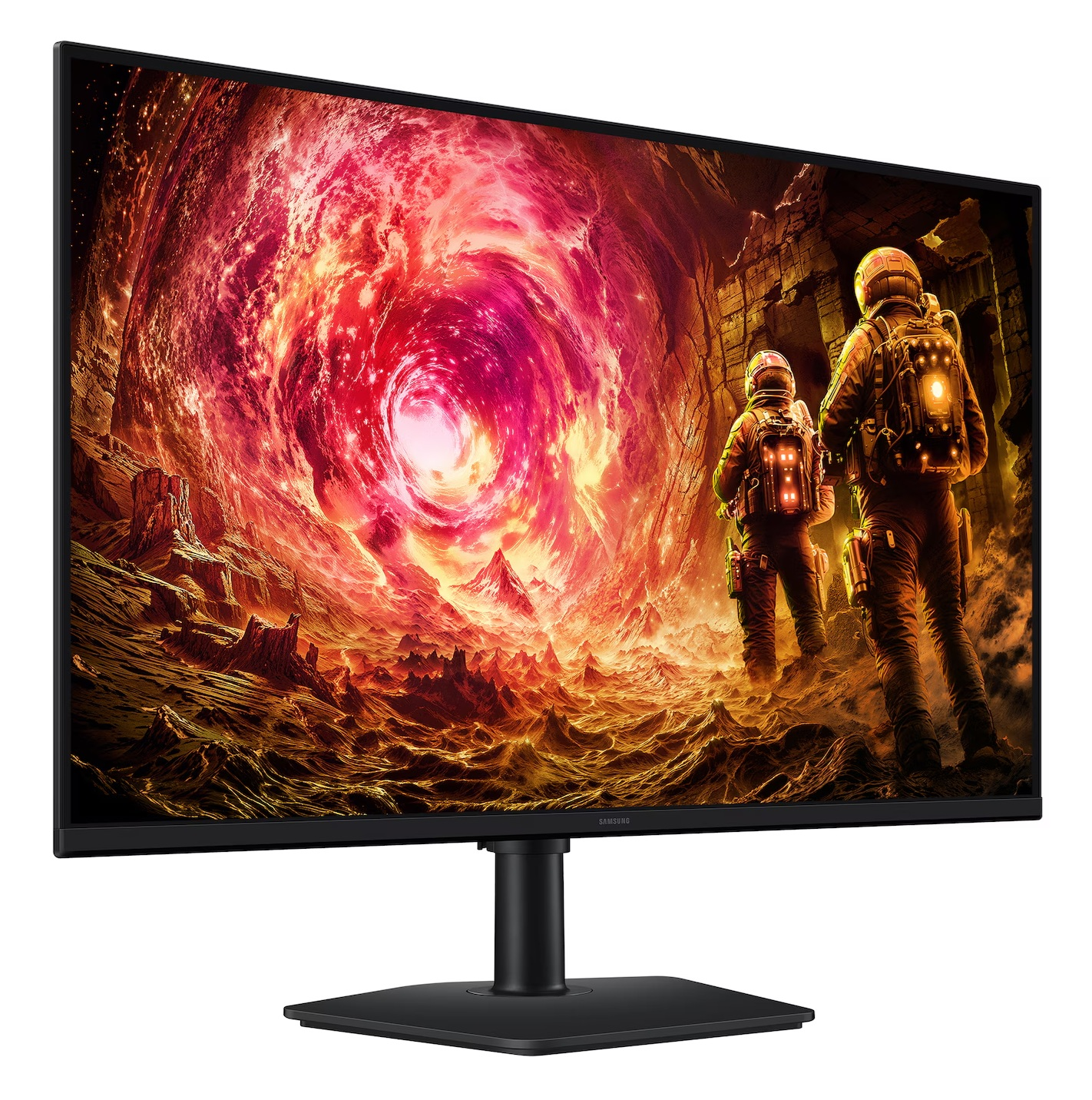 Monitor wyświetla astronautów w scenie płonącego tunelu. Monitor ma czarną ramkę i podstawę. Scena ma czerwone i pomarańczowe odcienie.