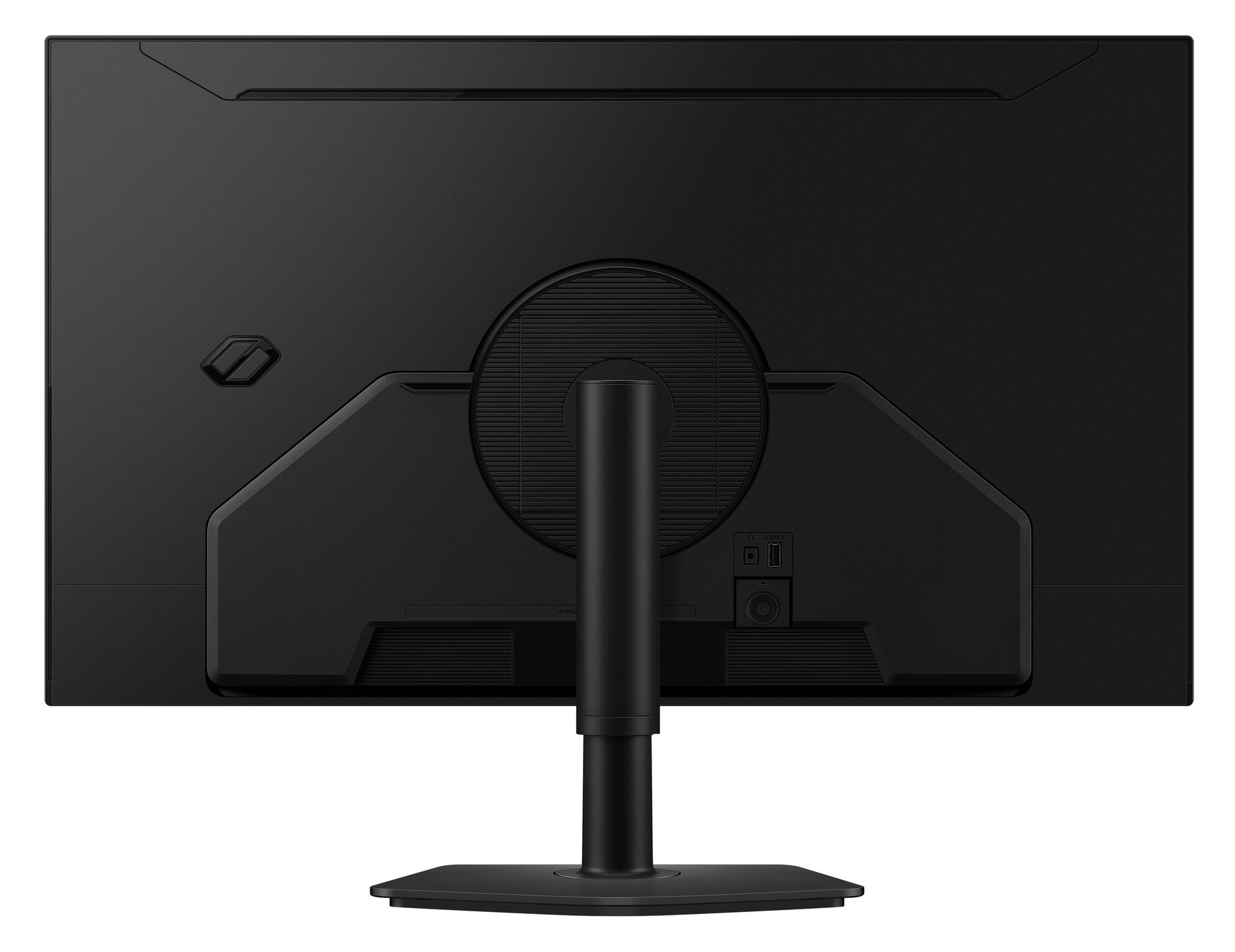 Pokazano tył czarnego monitora. Widoczny jest stojak i porty. Design jest elegancki i nowoczesny.
