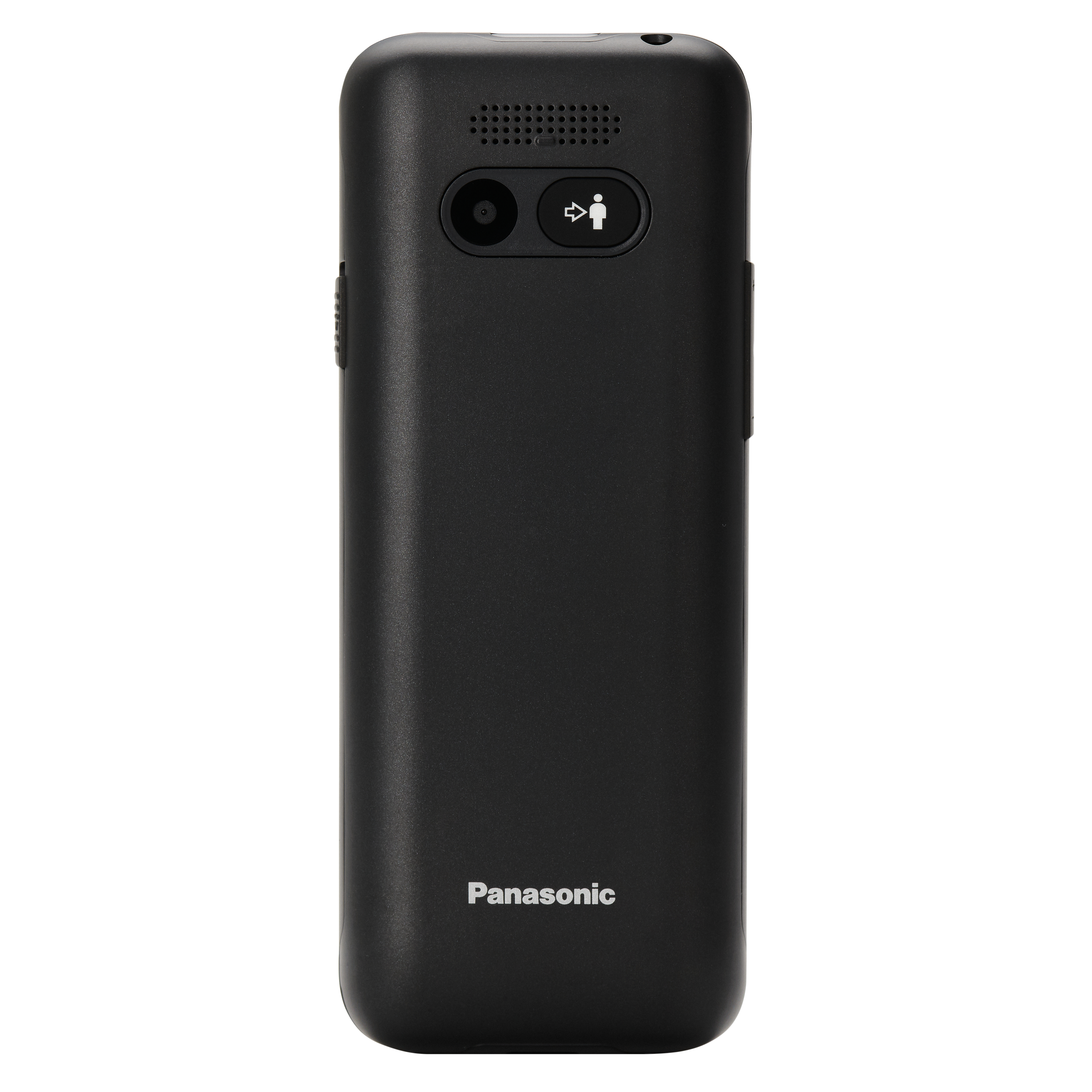 Schwarzes Panasonic-Telefon mit Kamera, Lautsprecher und Ruftaste. Der Hintergrund ist weiß.