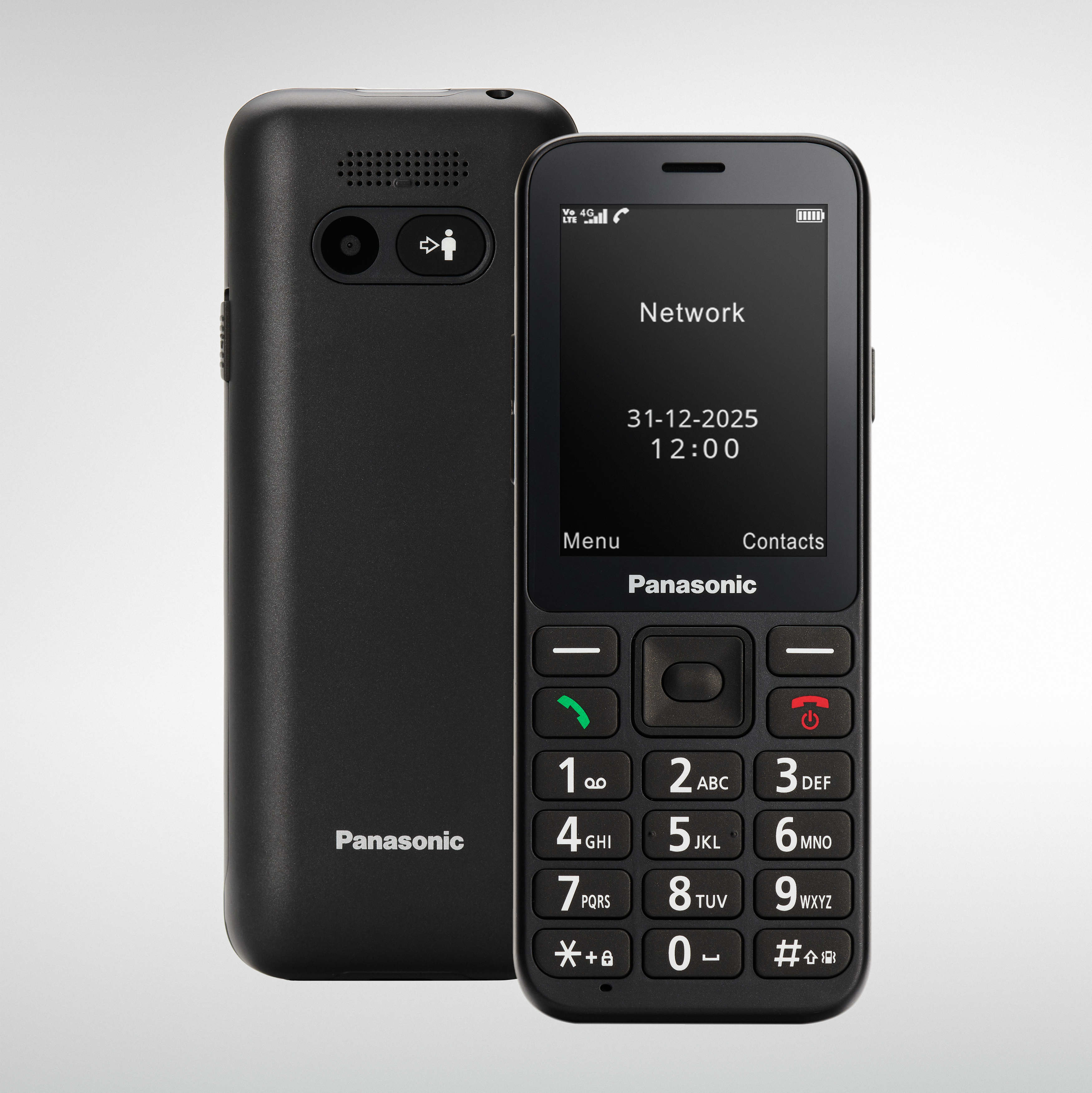 Zwei schwarze Panasonic-Telefone. Eines zeigt Datum und Uhrzeit, das andere hat eine Kamera und ein Personensymbol.