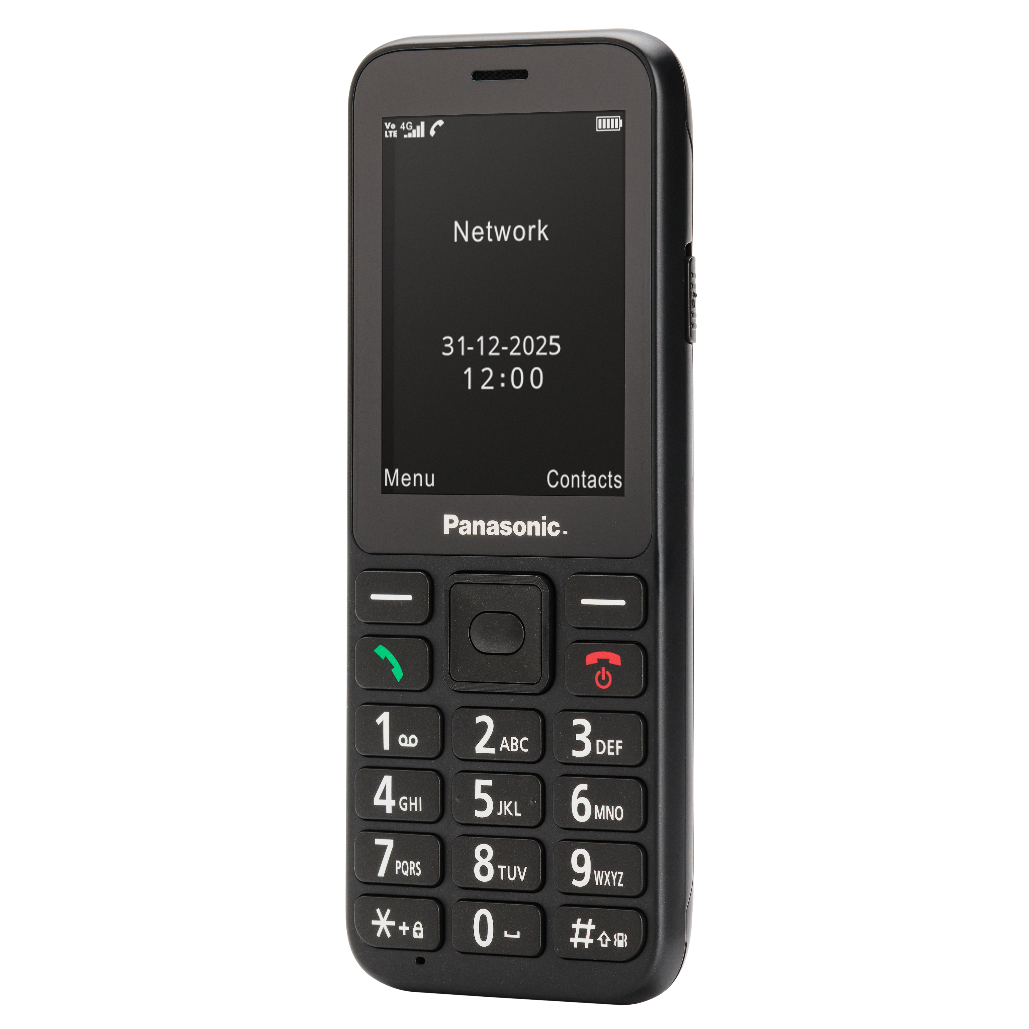 Schwarzes Panasonic-Telefon mit der Anzeige 'Netzwerk' und dem Datum. Es hat eine Tastatur und einen Bildschirm.