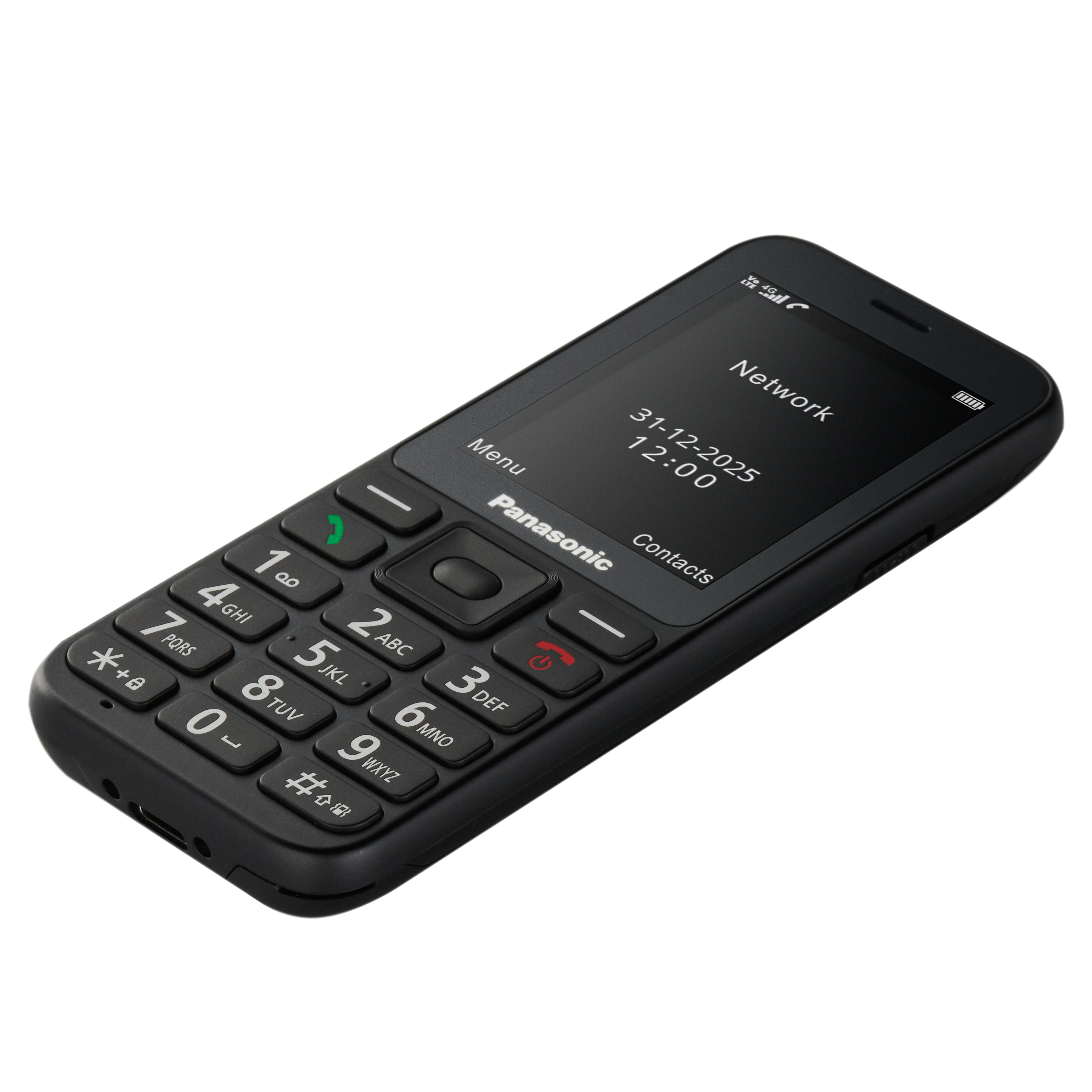 Schwarzes Panasonic-Telefon. Es hat einen Bildschirm, der Datum und Uhrzeit anzeigt. Es hat eine Tastatur mit Zahlen und Buchstaben.